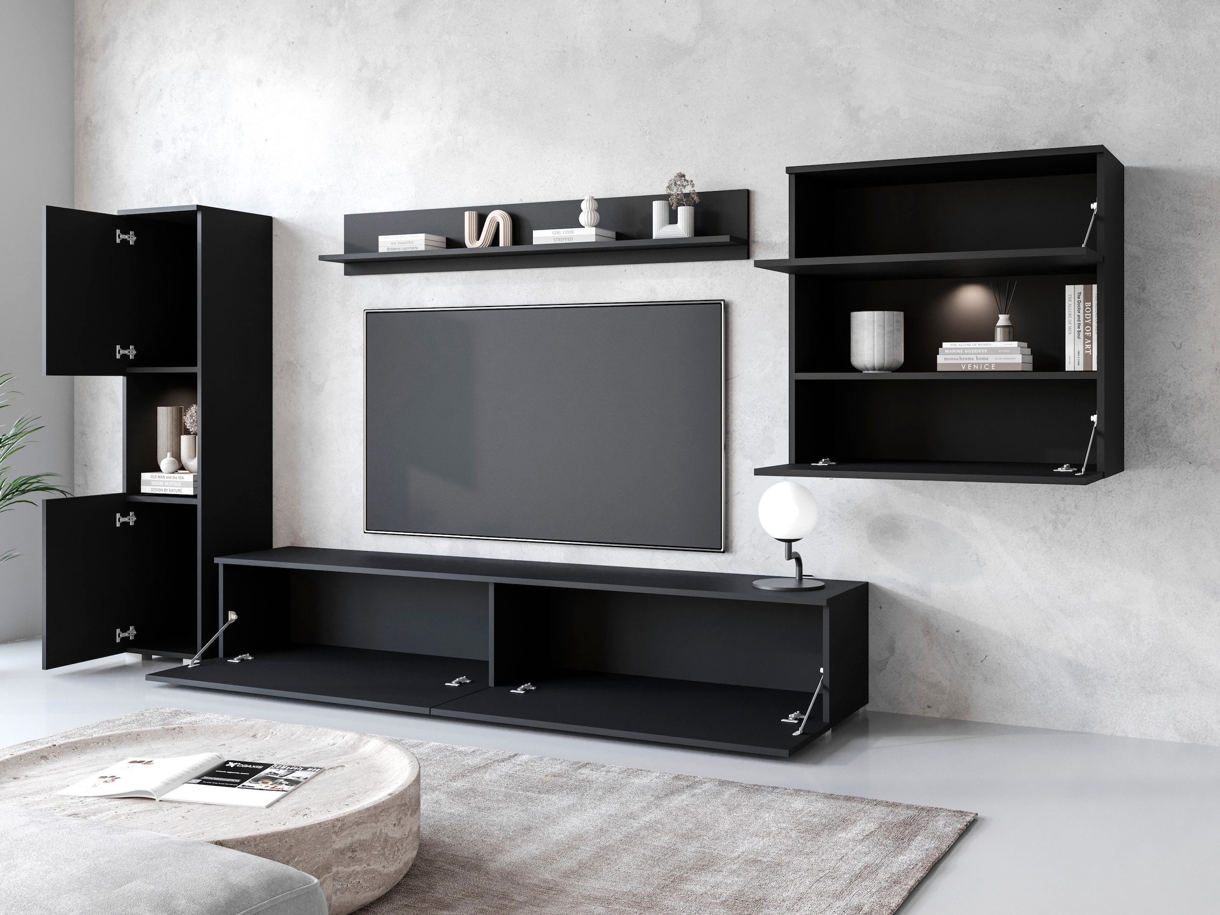 INOSIGN Wohnwand »PARIS«, (Komplett-Set, 4 St.), TV-Wand 300cm breite, grifflose Design, stehend und hängend montierbar