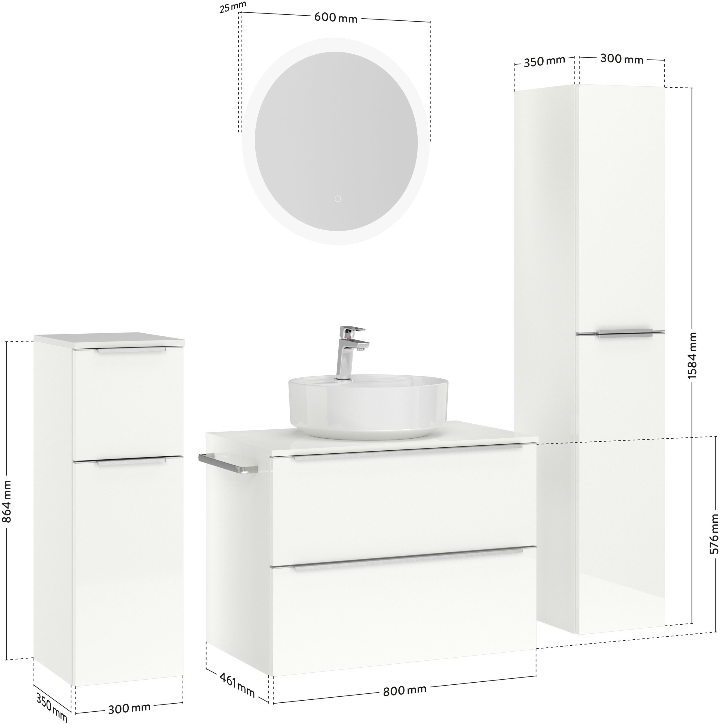 nobilia® Badmöbel-Set »Alvene«, (4 St., vormontiert, mit Soft-Close), Hochglanz, inkl. Spiegel mit Touch-Sensor, in vier Breiten