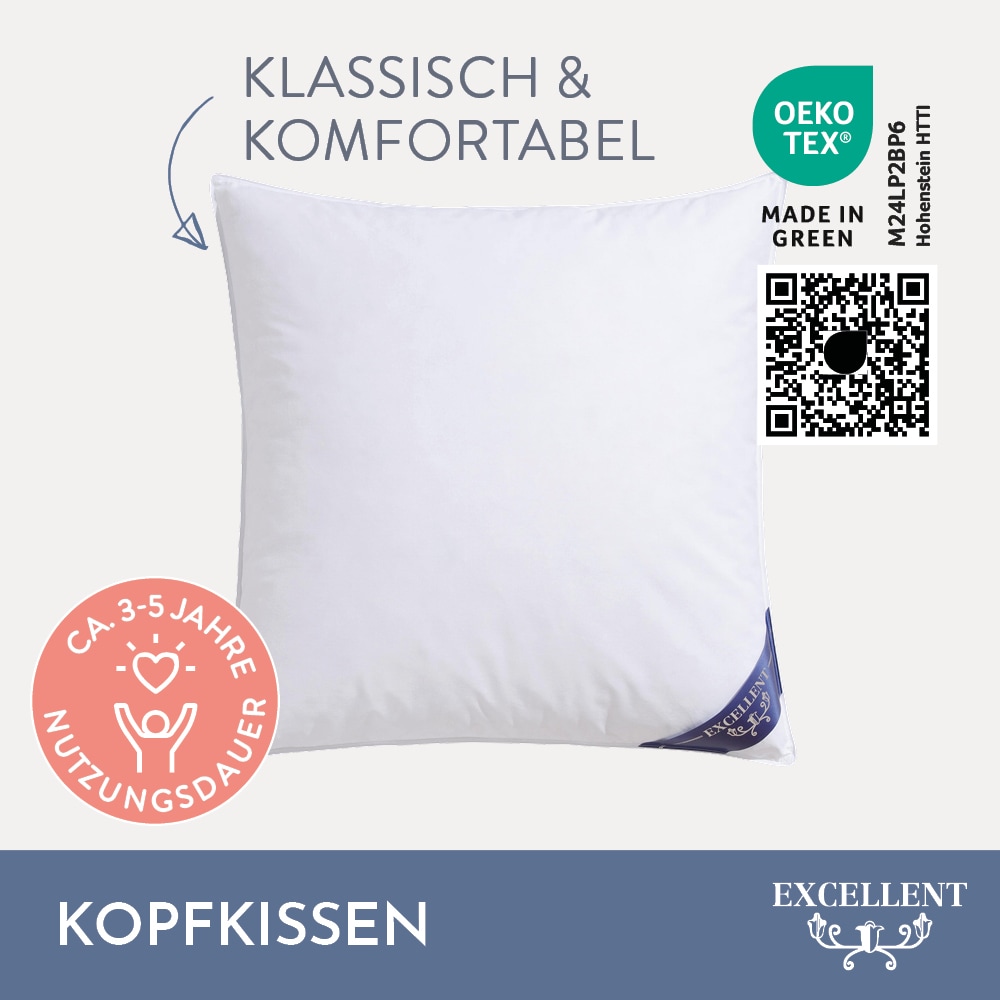 Excellent Kopfkissen »Venedig«, Füllung: weiße neue Federn und Daunen, Klasse I, 85% Federn / 15% Daunen, Bezug: Köper-Inlett, 100% Baumwolle, (Spar-Set, 1 St., 2 Kopfkissen), Kopfkissen 40x40, 40x80, 80x80, allergiker geeignet (Hausstaub)