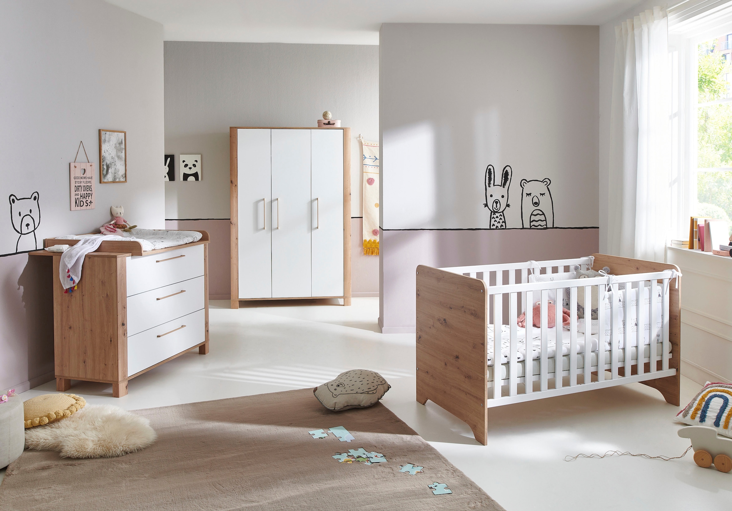 arthur berndt Babyzimmer-Komplettset »Babyzimmer Set »Marlon« 3-teilig«, (Set, 3 tlg., Kleiderschrank, Kinderbett und Wickelkommode)