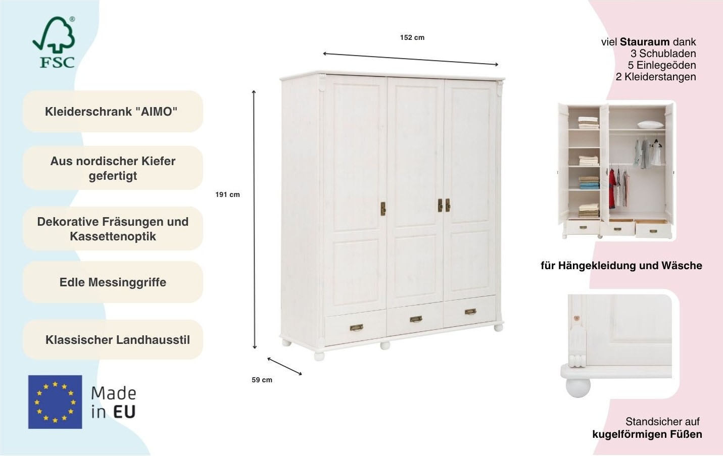Home affaire Drehtürenschrank »"Aimo", 3 türig, Landhausstil, Kassetten« B/H/T ca. 152/191/59 cm,  aus Massivholz; FSC®-Holz, Messinggriffe, Schubladen, stabile Qualität