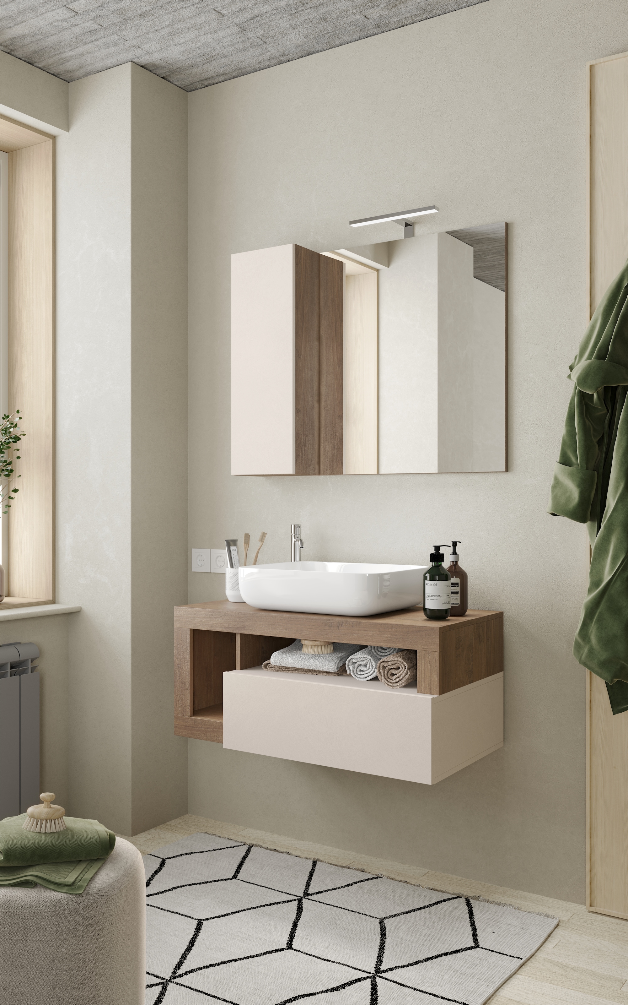 welltime Badmöbel-Set »Hamburg, Badezimmerset 2tlg. Breite 92 cm, Badmöbel, Waschtisch inkl.«, (Spar-Set, 2 St.), Waschbecken, Spiegelschrank mit LED Aufbauleuchte, Soft-Close-Funktion