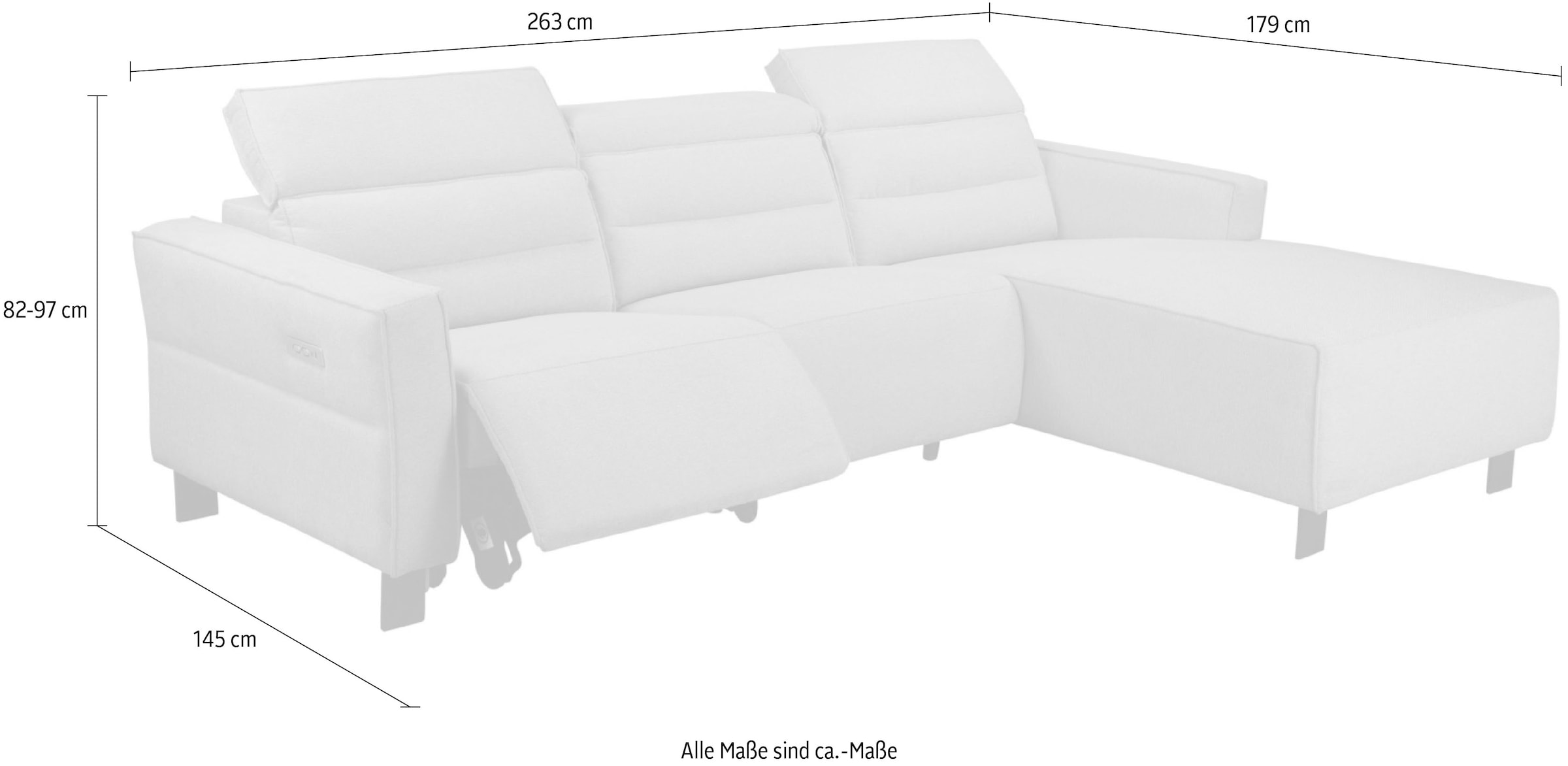 Places of Style Ecksofa »Carpari, L-Form, 263 cm, manuelle o. elektrische Relaxfunktion,«, USB A/C und Kopfteilverstellung