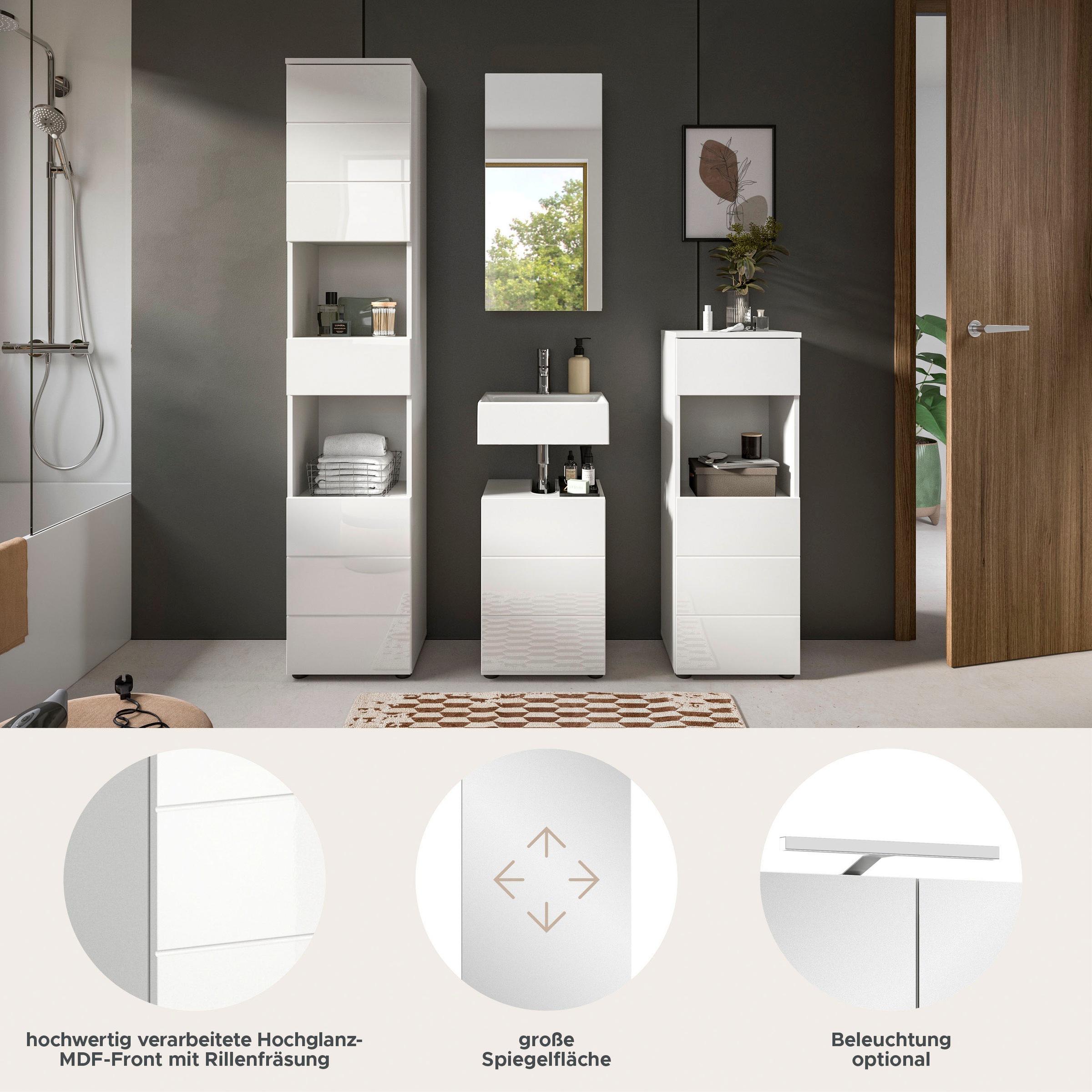 welltime Badmöbel-Set »Biel, Höhe 190 cm, Hochschrank, Unterschrank, Spiegel, Standschrank«, (4 St.), Bad Set, modernes Design, Hochschrank, Unterschrank, Spiegel