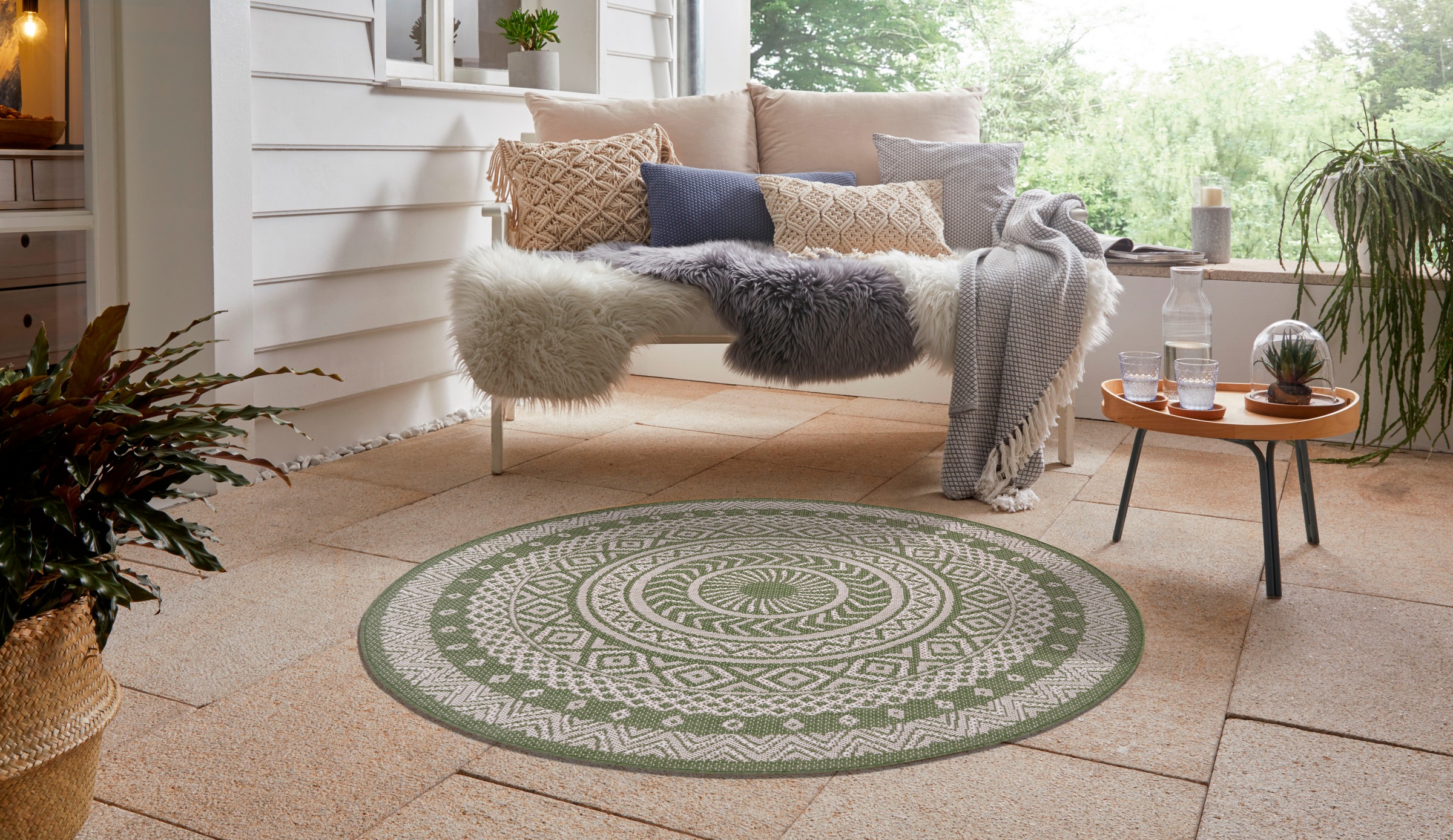 Leonique Teppich »Sia«, rund, 3 mm Höhe, Mandala Teppich, Boho, wetterfest & UV-beständig, besonders flach