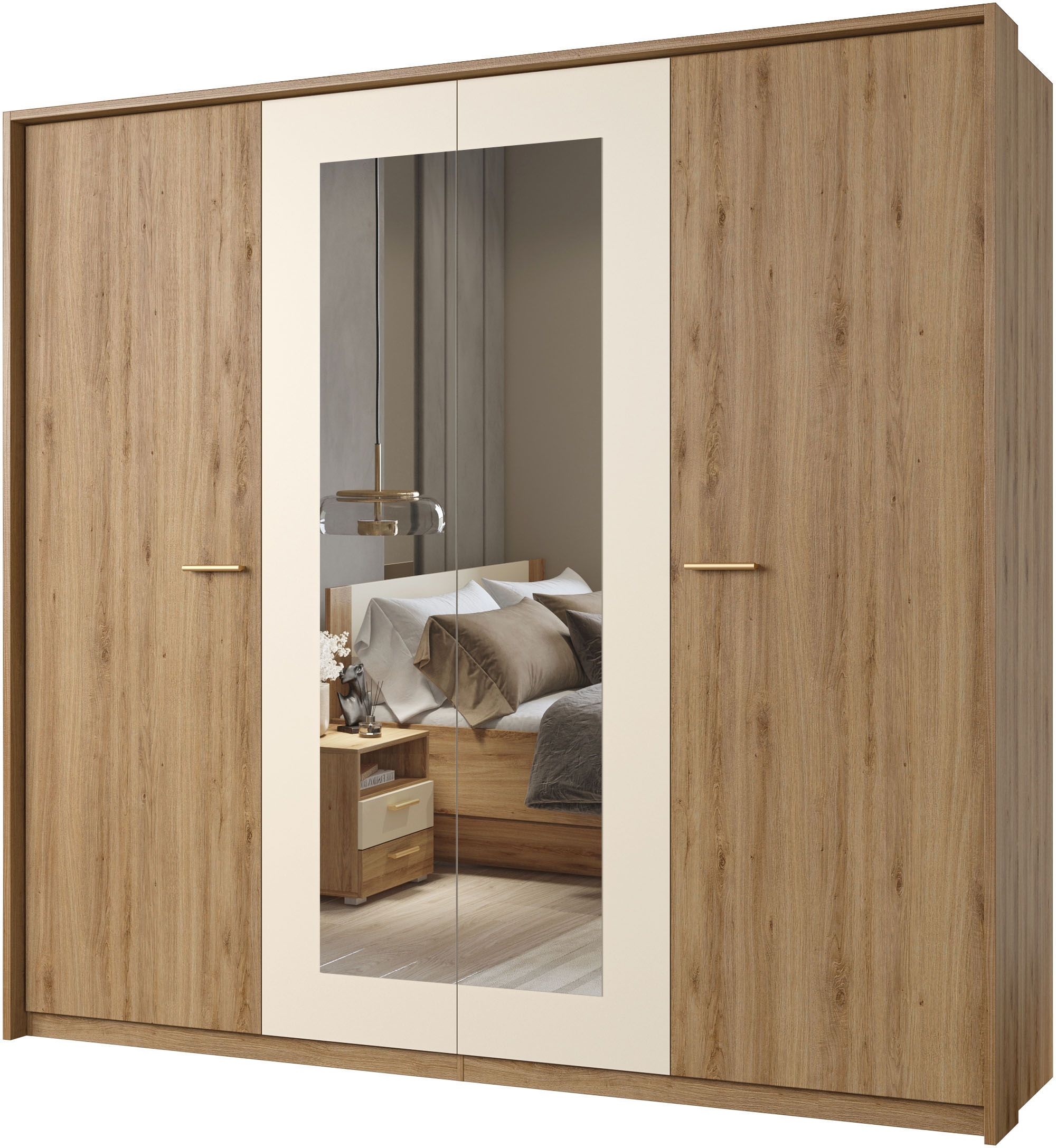 Home affaire Schlafzimmer-Set »Bitry,Set 4-St(Bett 180 cm, 2xNako, Drehtürenschrank)«, Komplettschlafzimmer, viel Stauraum, fühlbare Struktur, Holzoptik