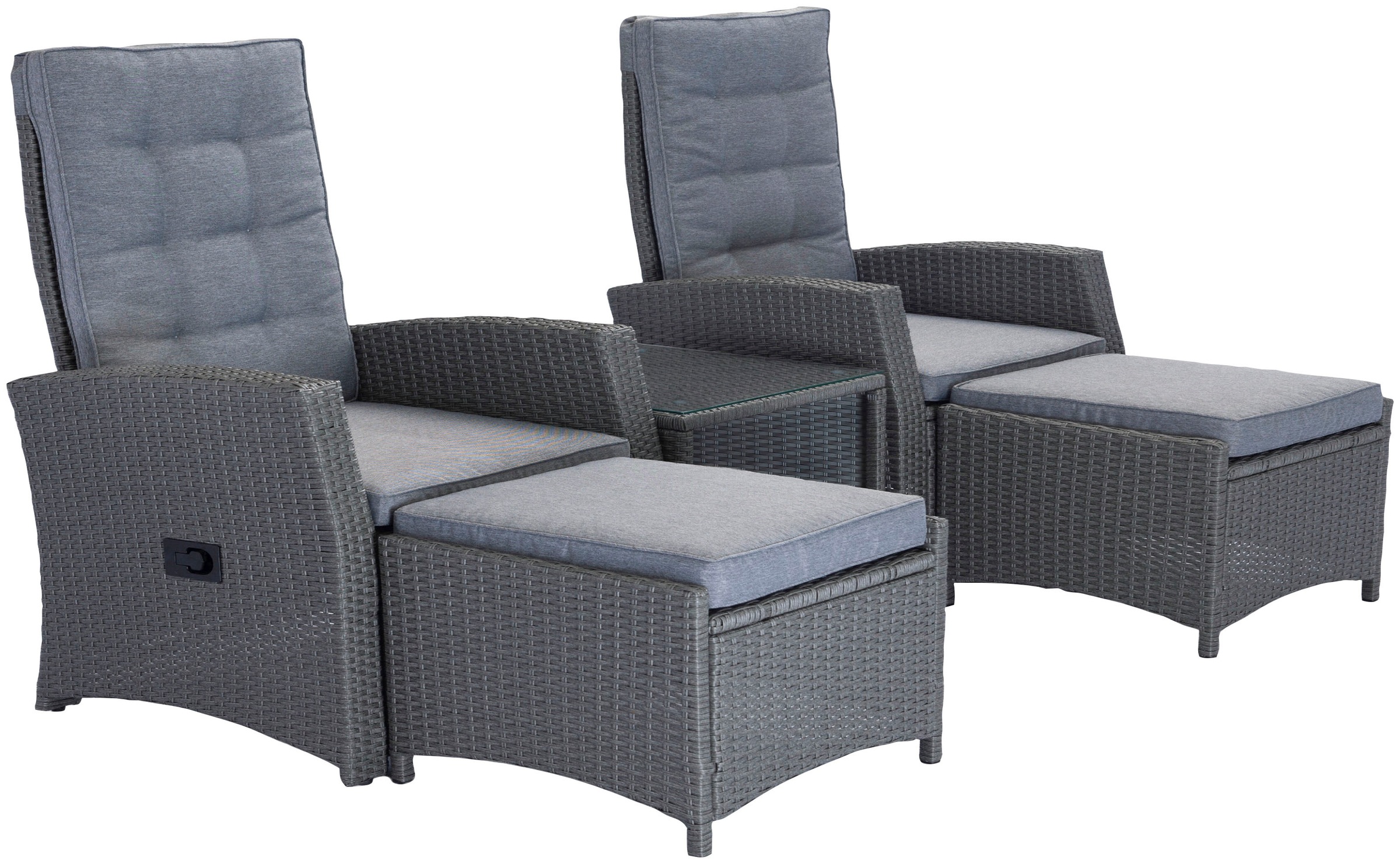 KONIFERA Gartenlounge-Set »Paris«, (Set, 9 tlg., 2x Sessel, 2x Hocker, 1x Tisch 50x50x51,5 cm, inkl. Schutzhülle), verstellbare Rückenlehne, Polyrattan, Aluminium, inkl. Auflagen