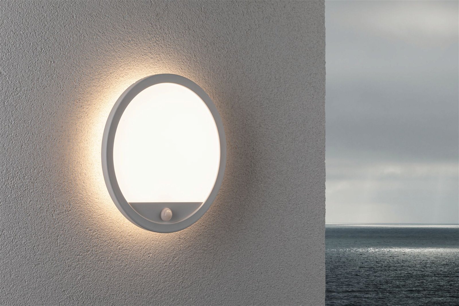 Paulmann LED Außen-Wandleuchte »Außenpanel Lamina rund 280mm 3000K 14,5W 1200lm 230V Kunststoff«, 1 flammig, Backlight Bewegungsmelder seewasserresistent IP44 1200lm