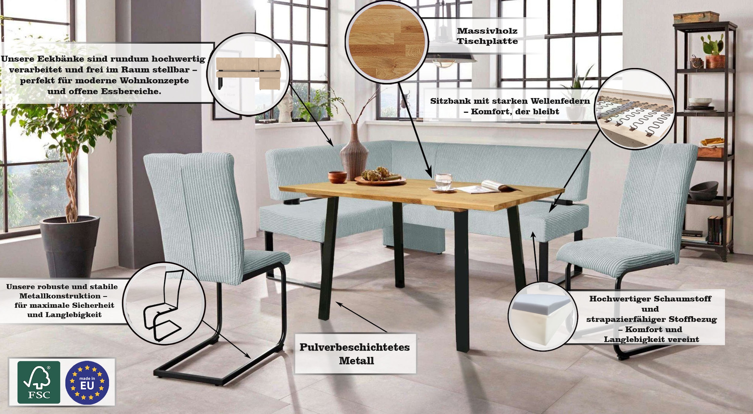 Home affaire Eckbankgruppe »Oliver«, (Set, 4 tlg., 4-tlg), Eckbank mit Wellenunterfederung im Sitz, Tisch Massiv Eiche