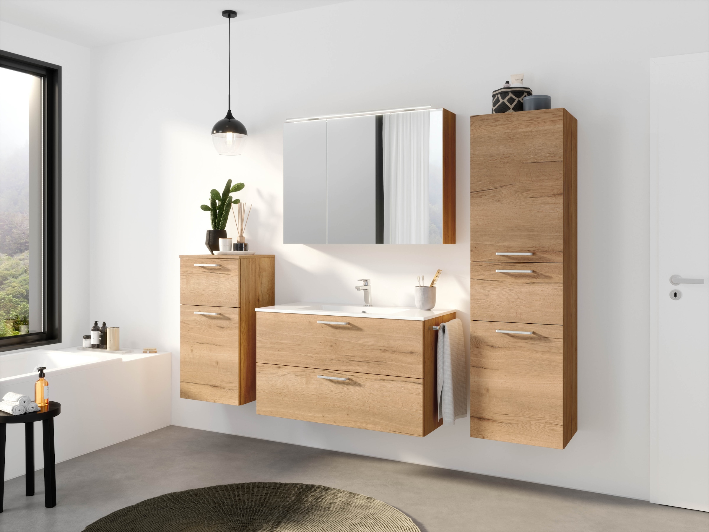 nobilia® Badmöbel-Set »Tolvina«, (2 St., vormontiert, mit Soft-Close), inkl. Spiegelschrank mit Beleuchtung und Dimmerfunktion, in 4 Breiten