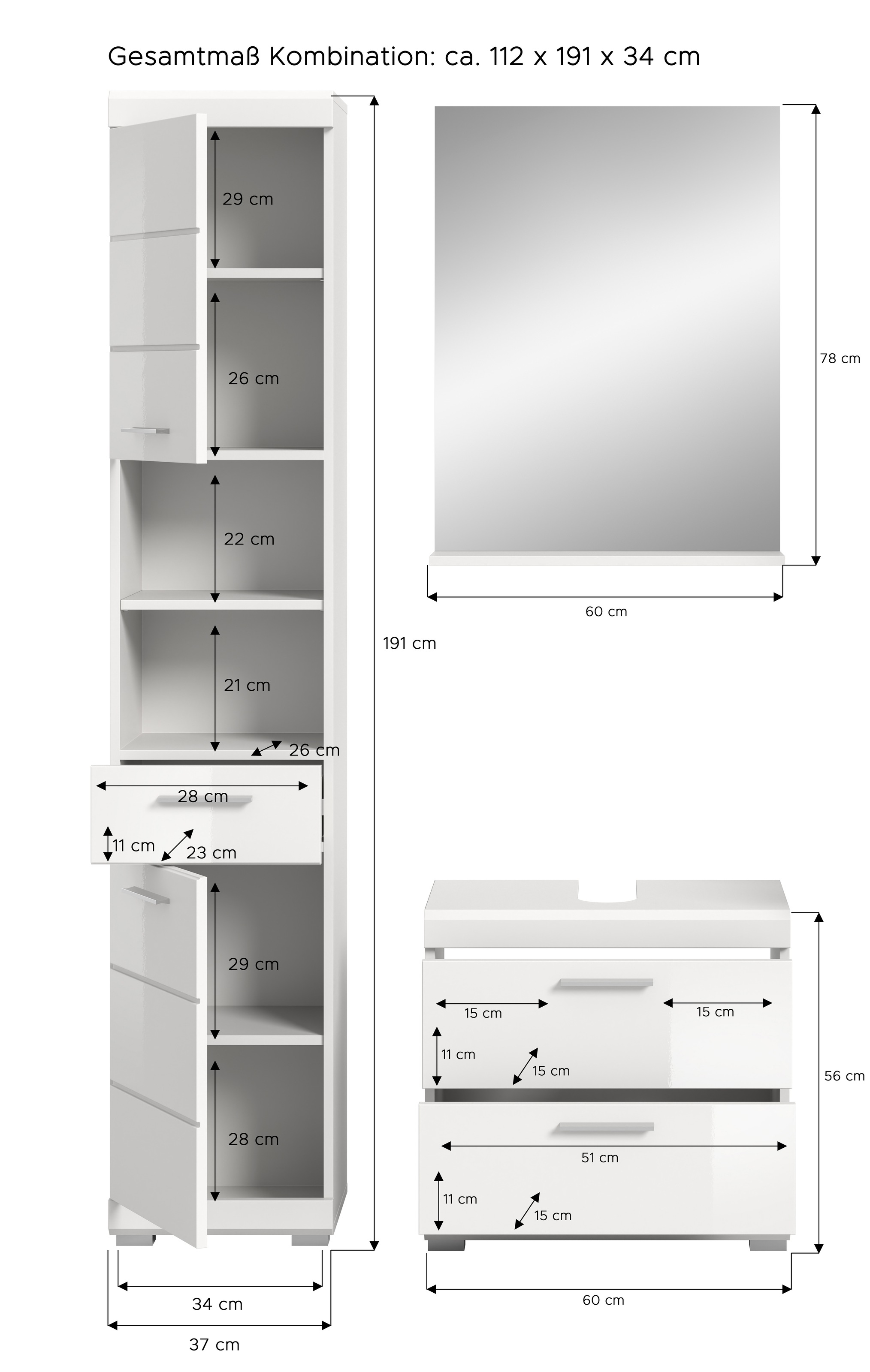 INOSIGN Badmöbel-Set »Siena, 3 teilig, bestehend aus:«, (Set), Hochschrank, Waschbeckenunterschrank, Spiegel
