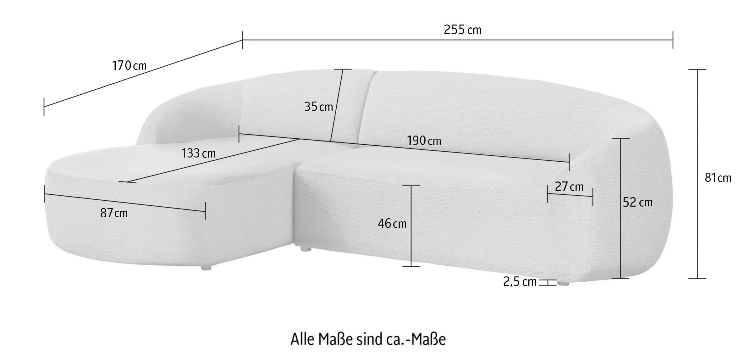 LeGer Home by Lena Gercke Ecksofa »YANI, L-Form, Designersofa, organische Form, Maße B/T/H: 255/170/81 cm«, L-Form, Designersofa, organische Form, Maße B/T/H: 255/170/81 cm