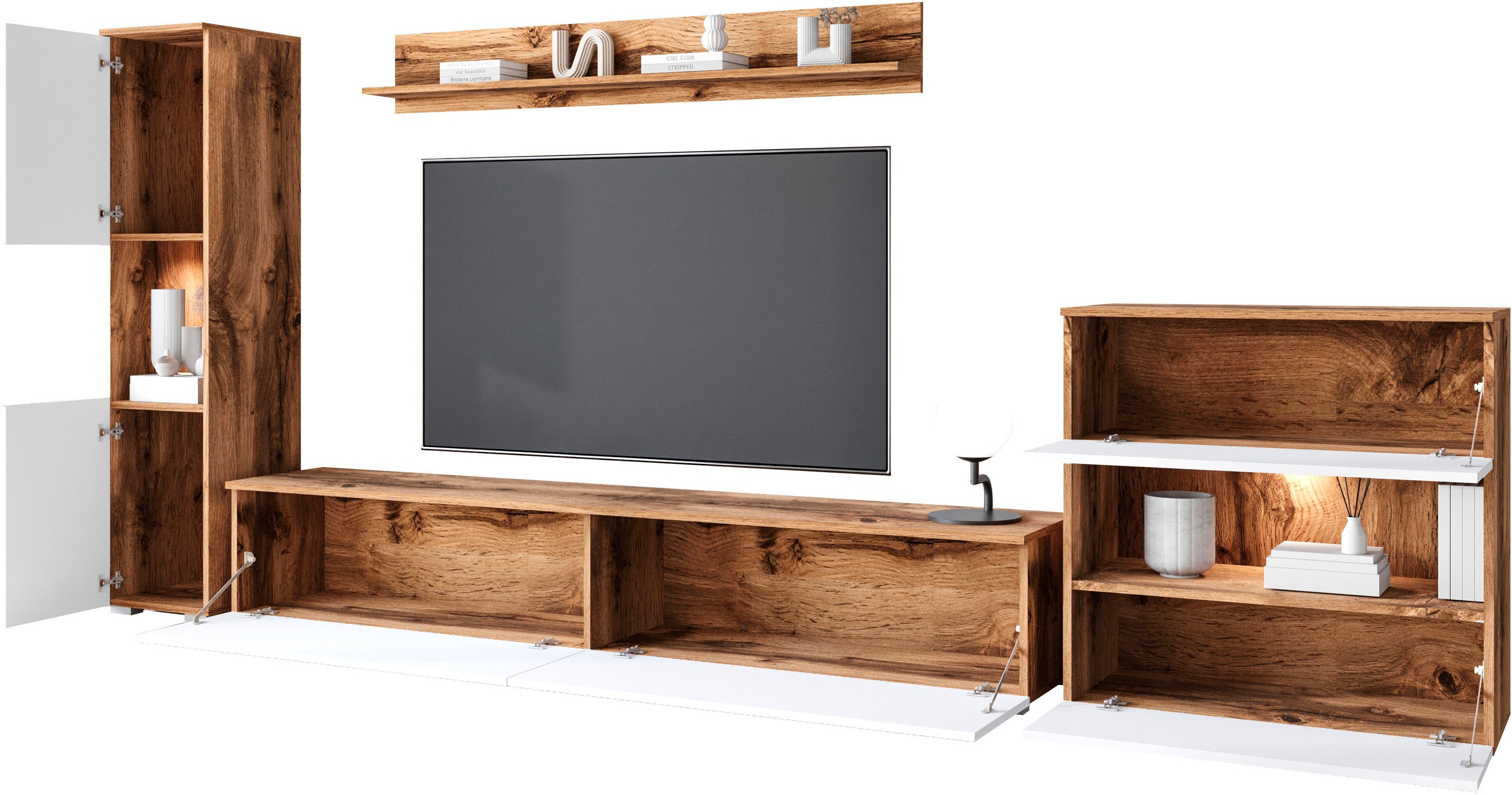 INOSIGN Wohnwand »PARIS«, (Komplett-Set, 4 St.), TV-Wand 300cm breite, grifflose Design, stehend und hängend montierbar