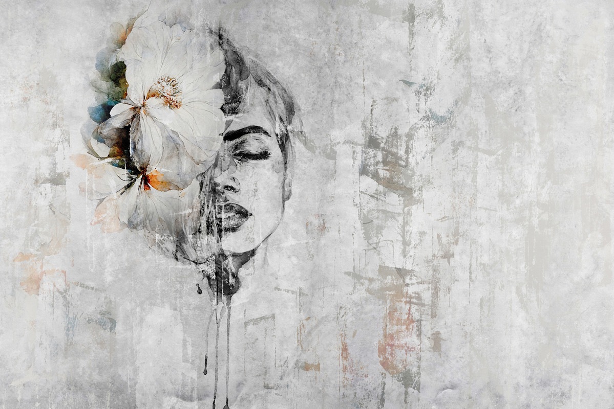 A.S. Création Vliestapete »Kunst-Tapete Frau mit Blume Grau Beige Abstrakt« günstig online kaufen