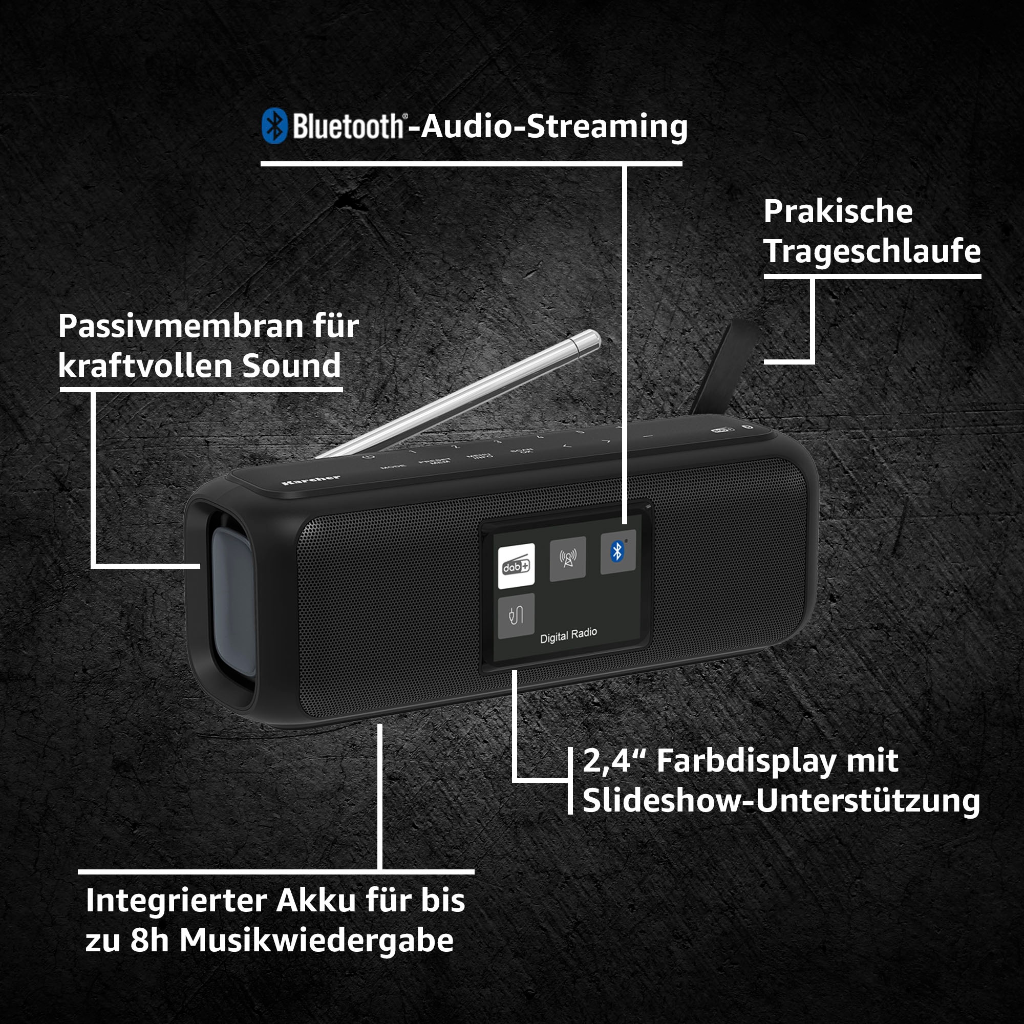 Karcher Digitalradio (DAB+) »DAB Go Bluetooth Lautsprecher«, (Bluetooth Digitalradio (DAB+)-UKW mit RDS 5 W), Bluetooth-Speaker mit Trageschlaufe, Bluetooth, Stereo, Farbdisplay