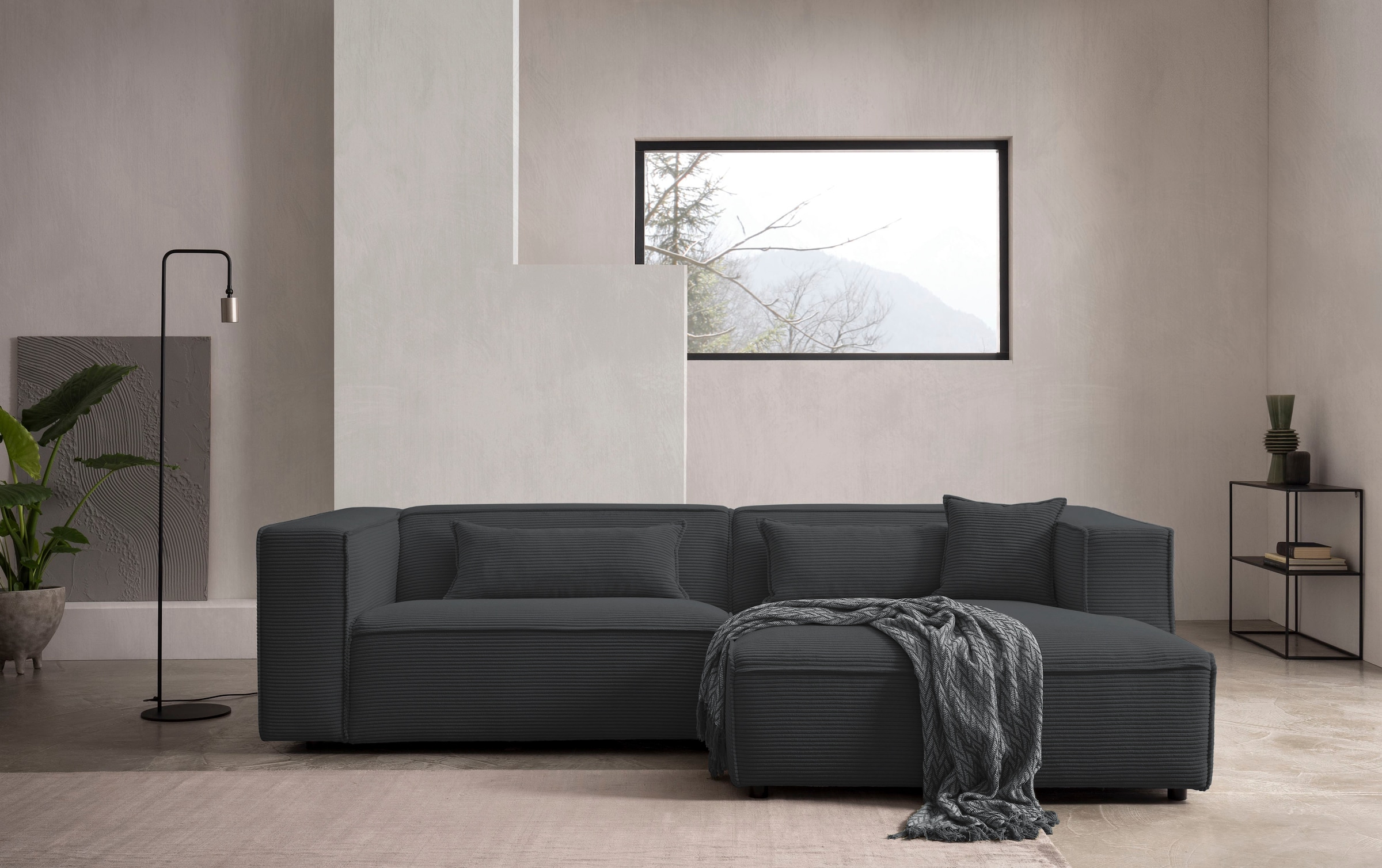 LeGer Home by Lena Gercke Ecksofa »PIARA mit Kedernaht, Cord, Leinenoptik o. Strukturstoff, Couch, L-Form« wahlweise Ottomane rechts/links, schwarze Füße, bequemer Sitzkomfort