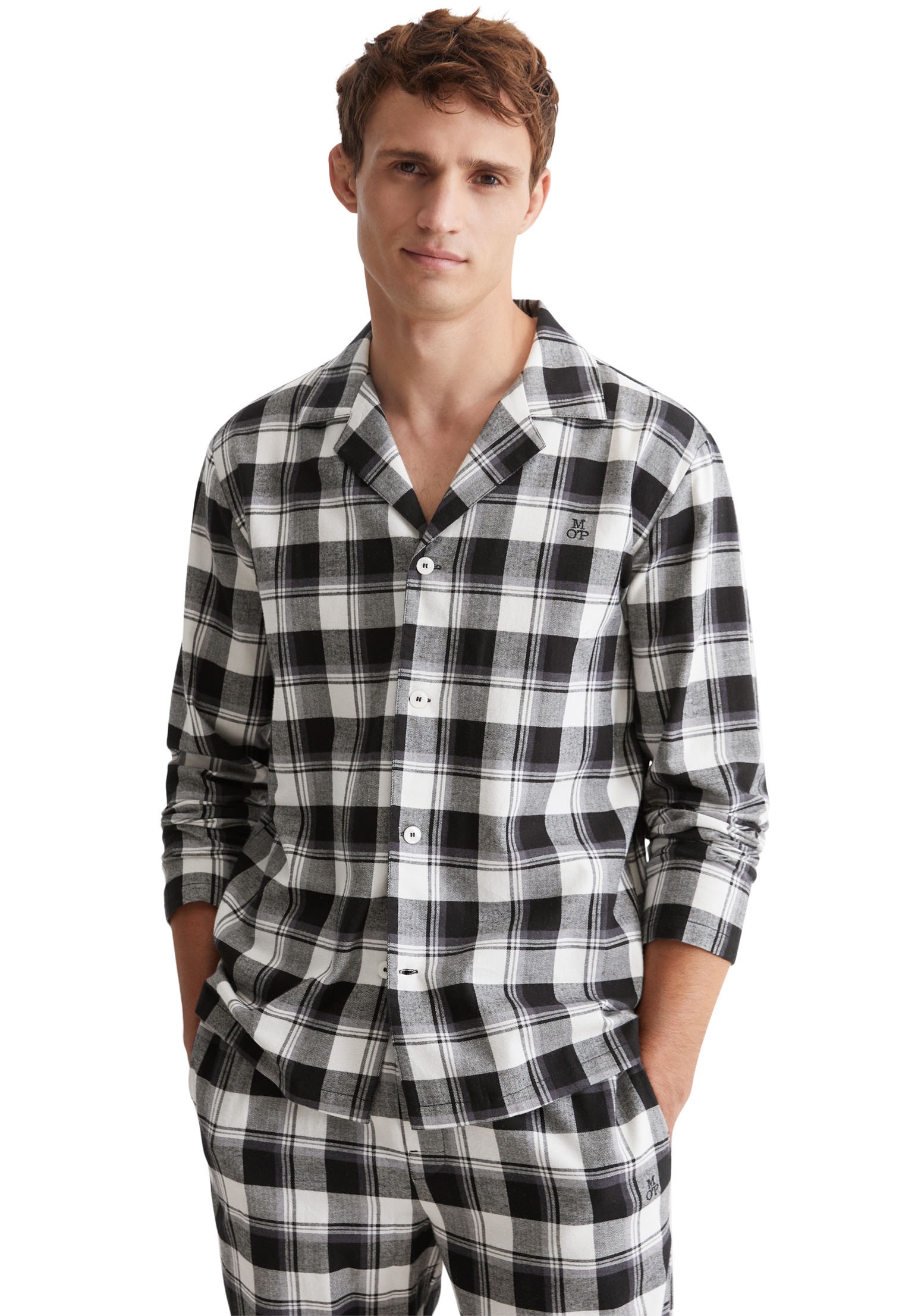 MARC O'POLO Pyjamaoberteil »Homey Flanne« Knopfleiste, Langarm, kariert, Logo-Stickerei, Flanell black check M M Herren-Shirt mit Knopfleiste