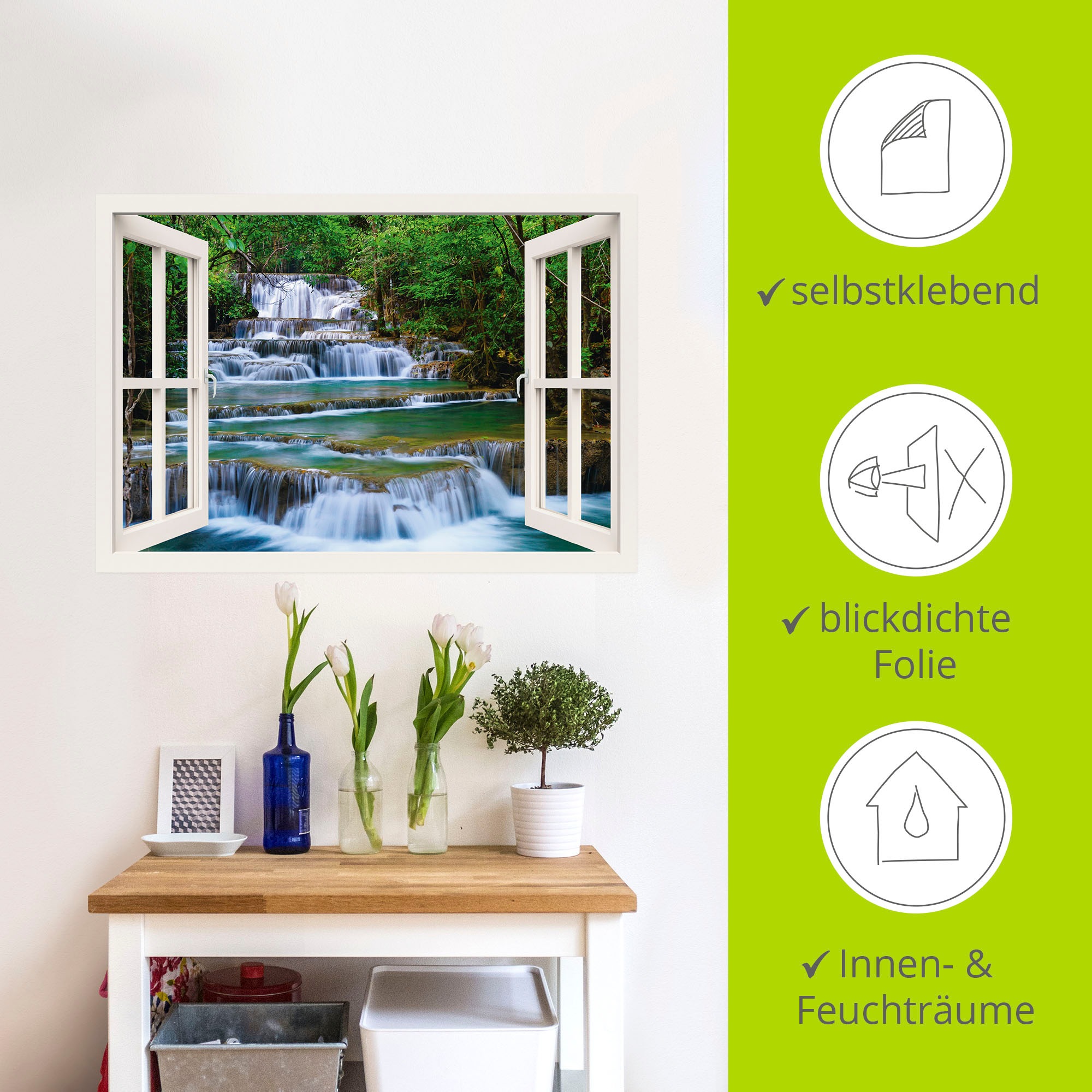 Artland Wandbild »Fensterblick Wasserfall in Kanchanaburi«, Fensterblick, (1 St.), als Leinwandbild, Poster, Wandaufkleber in verschied. Größen