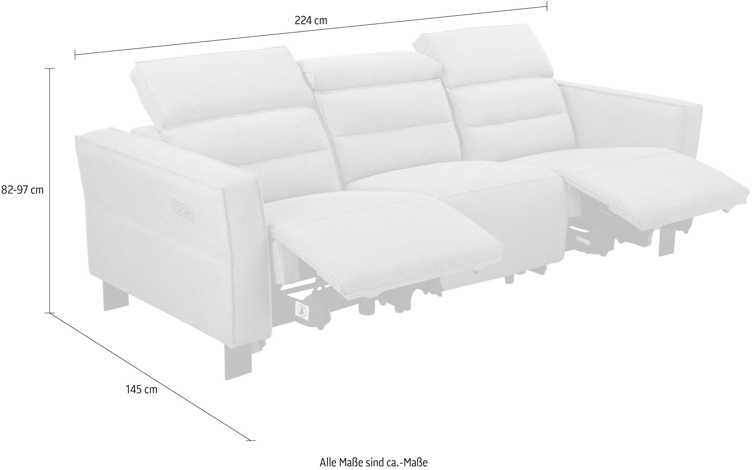 Places of Style 3-Sitzer »Carpari, 224cm, manuelle od. elektrische Relaxfunktion in 2 Sitzen«, mit USB-A/C, Kopfteilverstellung, Echtleder, Kunstleder, Webstoff