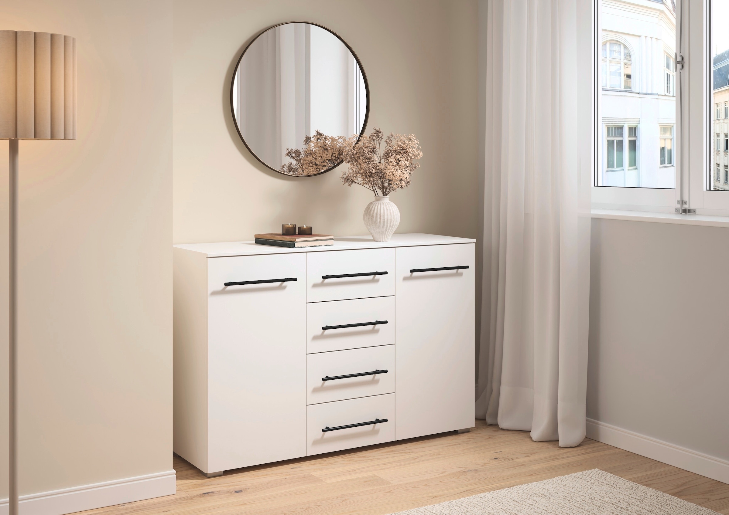 OTTO home Kombikommode »Sideboard Türkommode Schubladenkommode Kommode RONDO« Breite 120 / Höhe 81 cm, 4 Einlegeböden,  mit 4 geräumigen Schubladen Metallgriff in Schwarz MADE IN GERMANY
