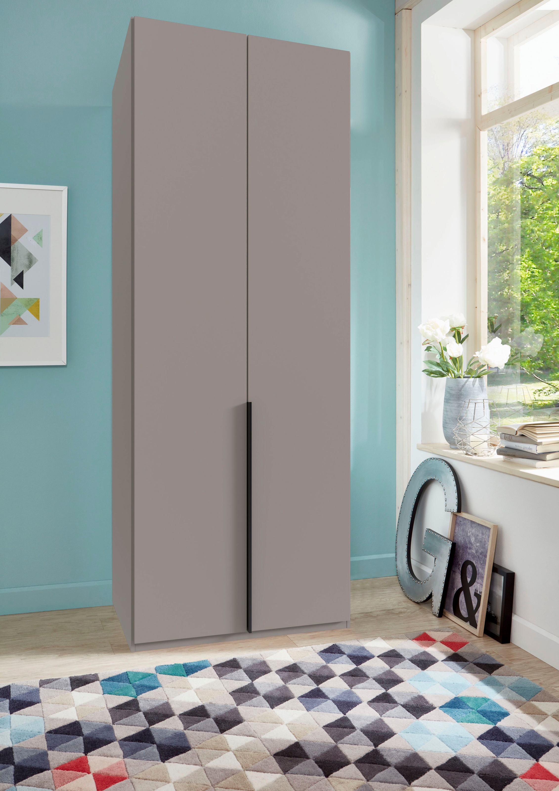 Wimex Kleiderschrank »Mugano, in 5 Breiten und 2 Höhen, Made in Germany«, (in Basic oder Premium Ausstattung mit 2 weiteren Einlegeböden), mit langen Griffstangen aus Metall, wahlweise mit oder ohne Spiegel