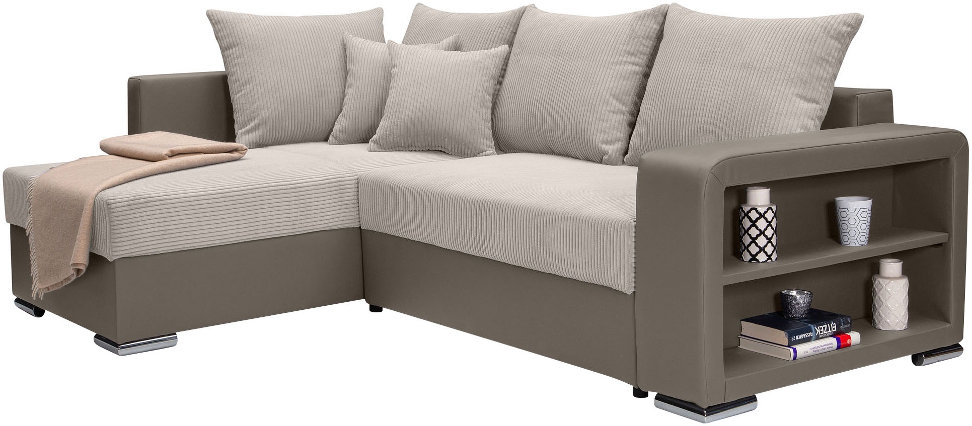 COLLECTION AB Ecksofa »L-Form«, Regalarmlehne mit LED RGB Beleuchtung,Bettfunktion und Bettkasten