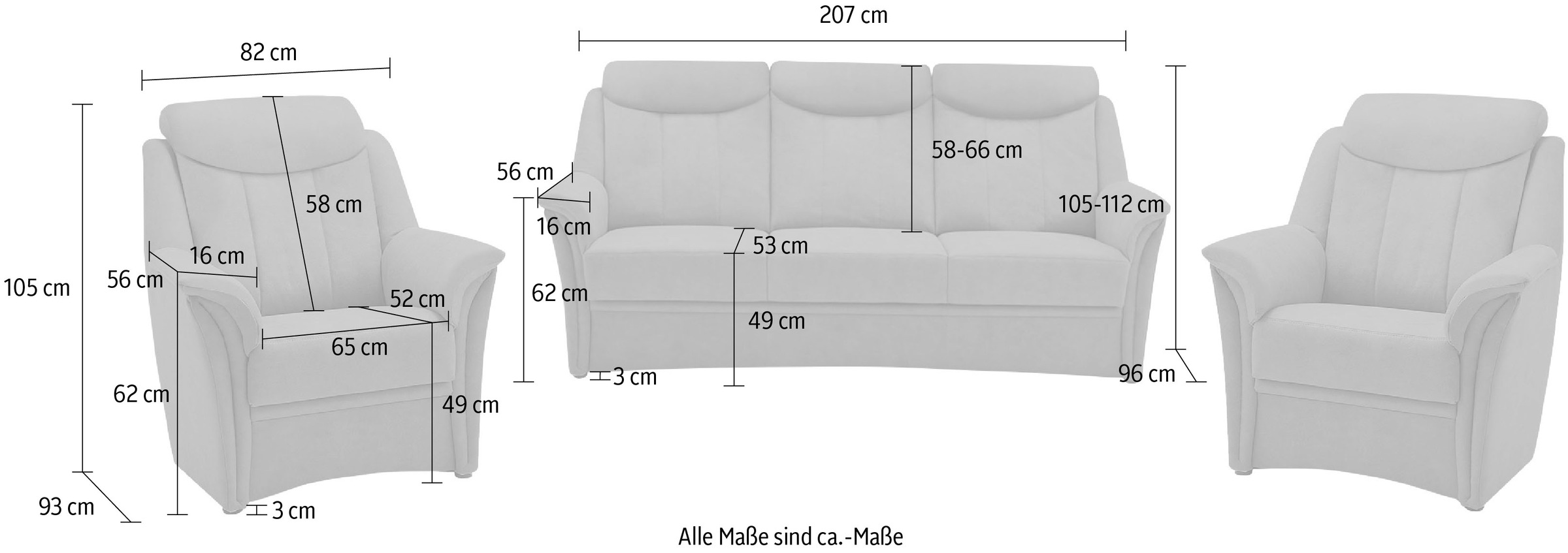 2x und Sitzhöhe BECK Kopfteilverstellung, VILLA Polstergarnitur auf cm, Raten Sessel tlg.), (Set, 49 »Lugano«, 3 in bestellen 3-Sitzer