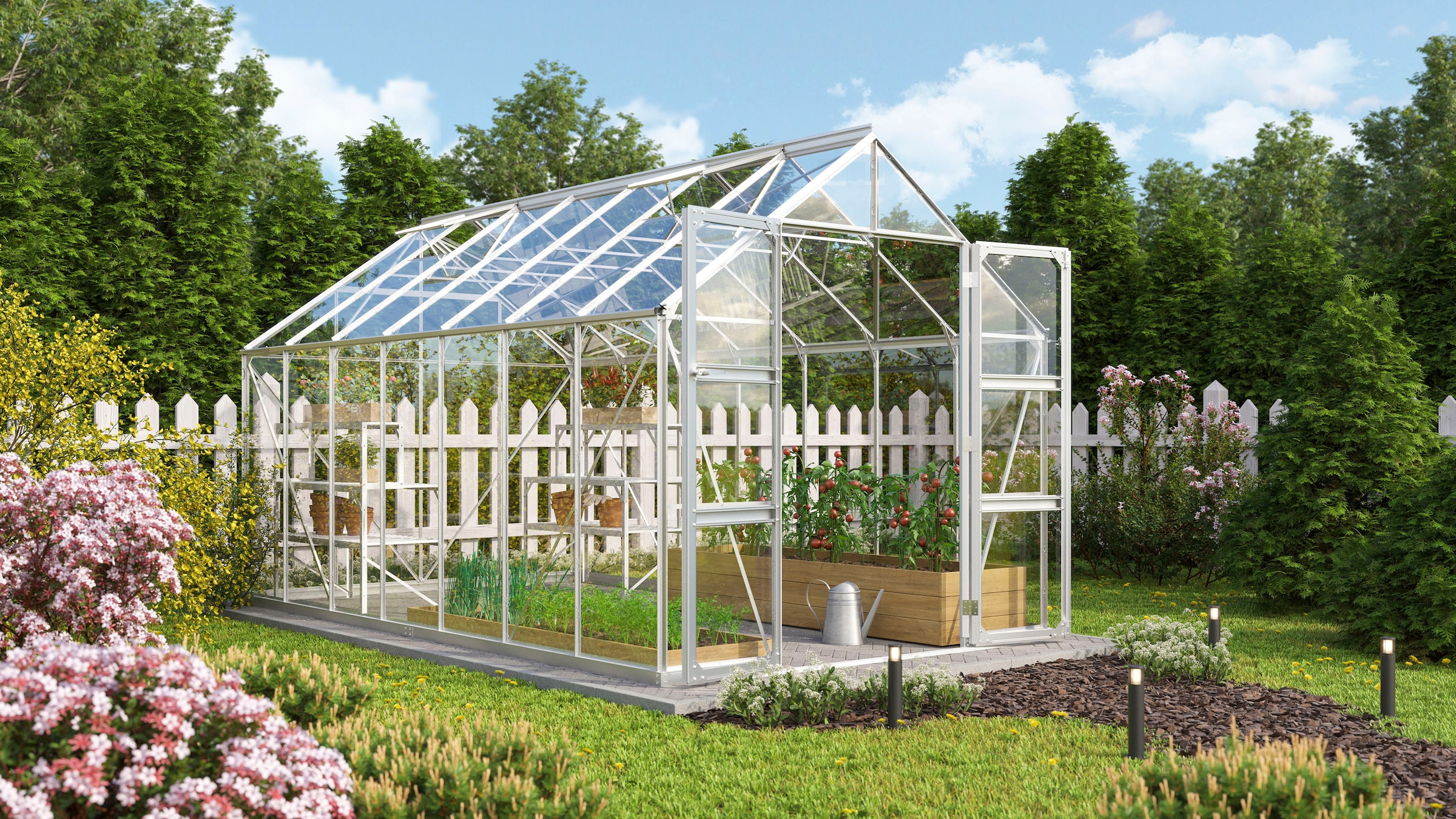 VITAVIA Gewächshaus »Domus 11500« mit Doppelschwingtüren, bodentiefer Türschwelle, 3 mm Sicherheitsglas silberfarben