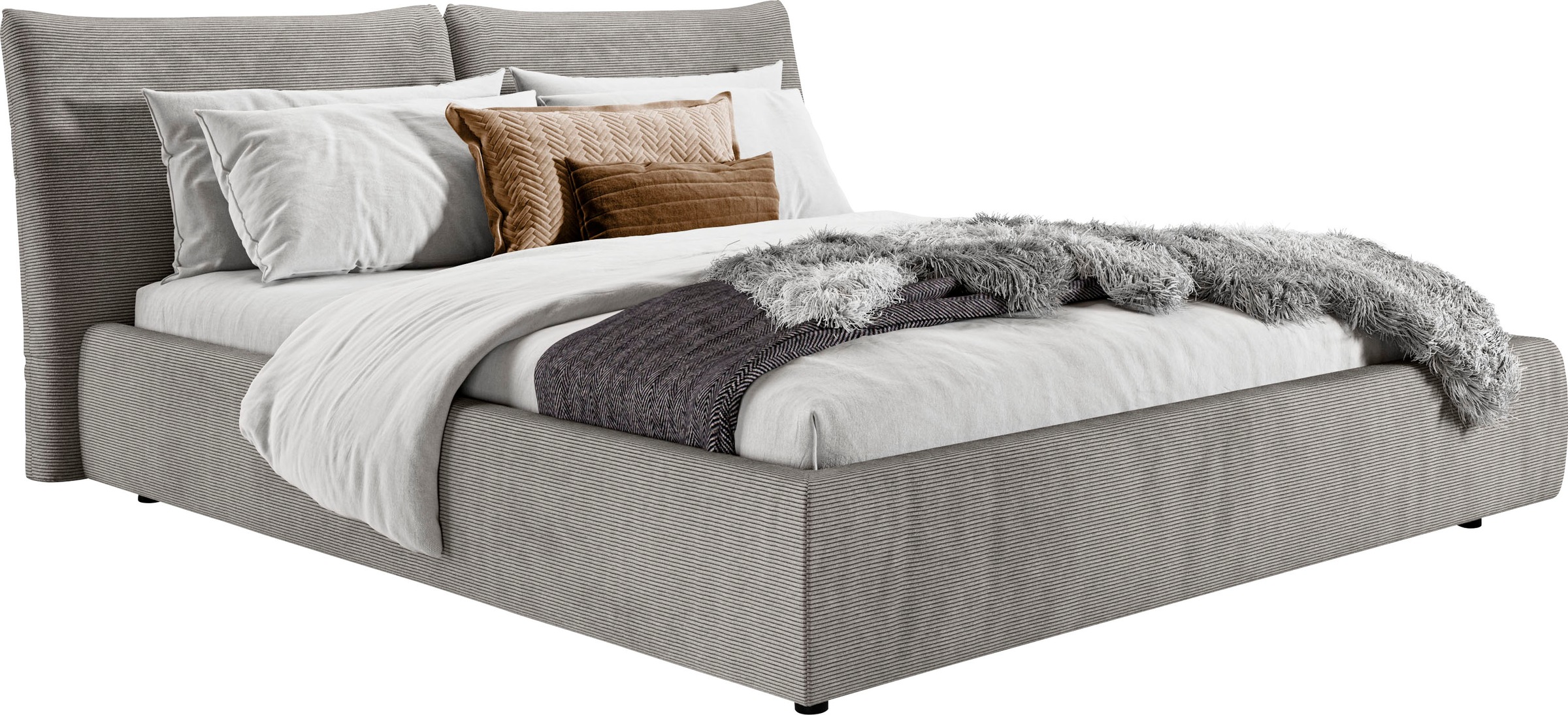 Polsterbett „Priora“, auch in NaturLEDER, Cord, belastbar bis 280kg, auch Überlänge 220 cm, grau Feincord