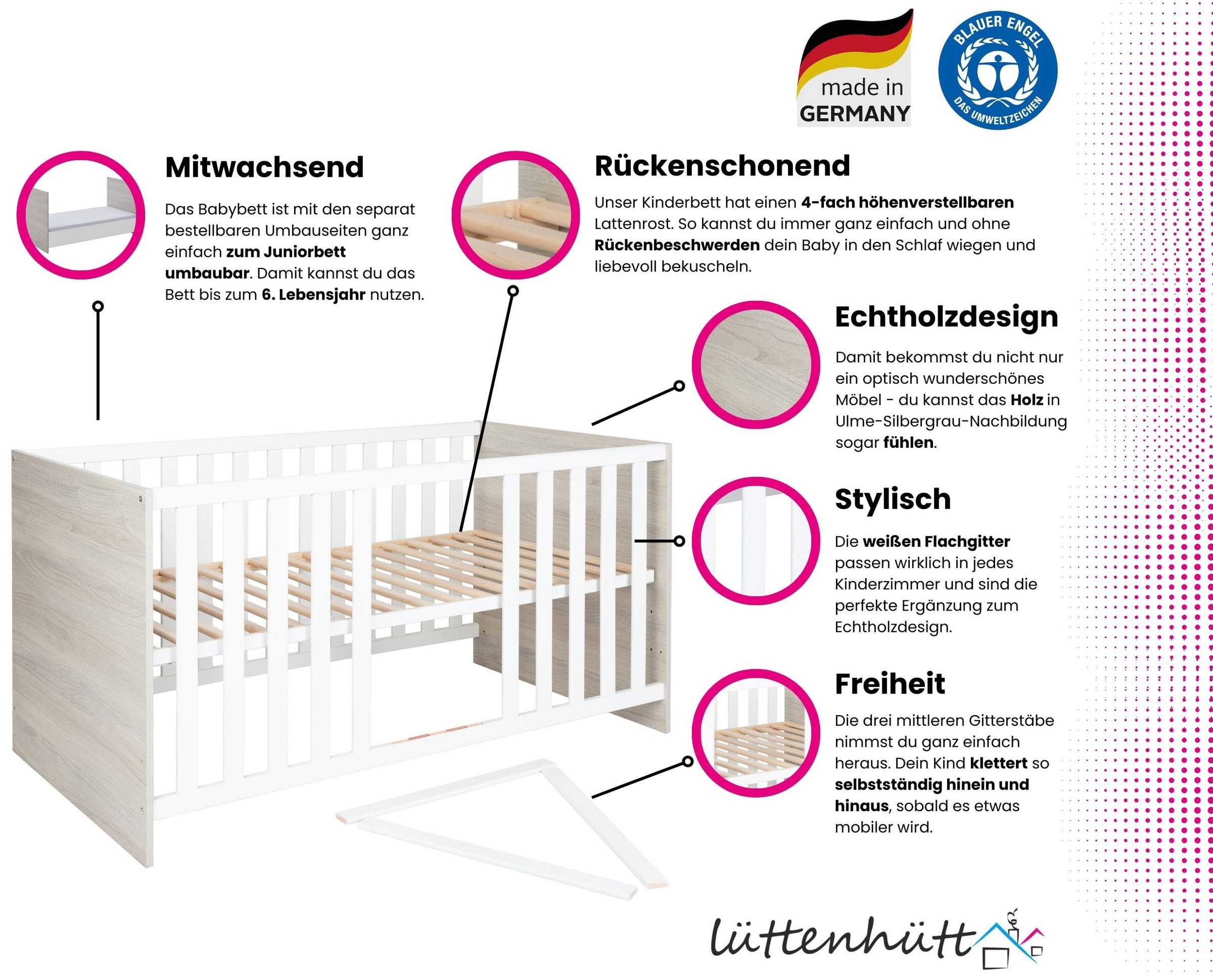 Lüttenhütt Babyzimmer-Komplettset »Geert«, (Set, 4 tlg., Kinderbett, Regal, Schrank, Wickelkommode), Made in Germany; mit Kinderbett, Regal, Schrank und Wickelkommode