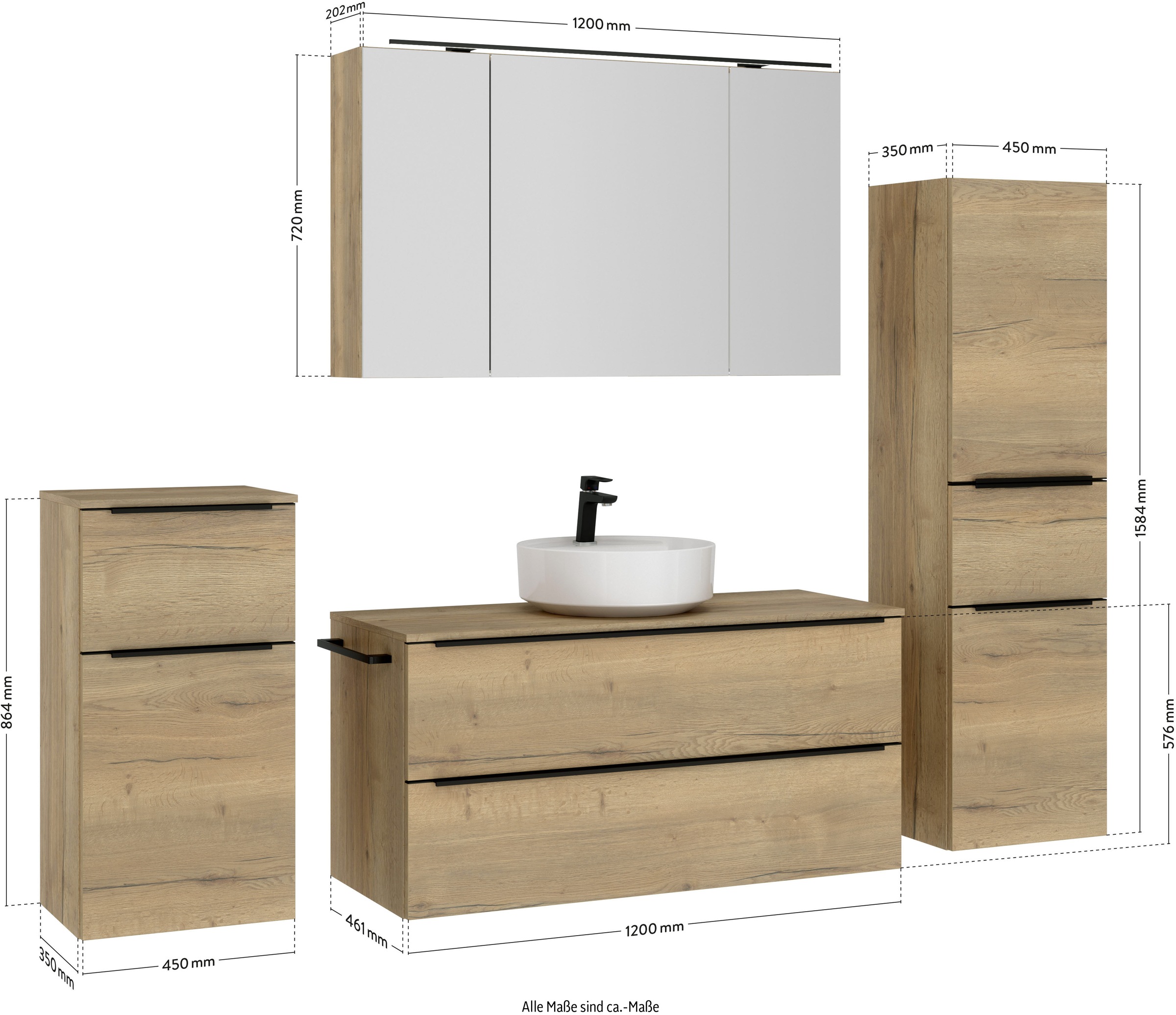 nobilia® Badmöbel-Set »Alvene«, (4 St., vormontiert, mit Soft-Close), inkl. Spiegelschrank mit Beleuchtung und Dimmerfunktion, in 4 Breiten
