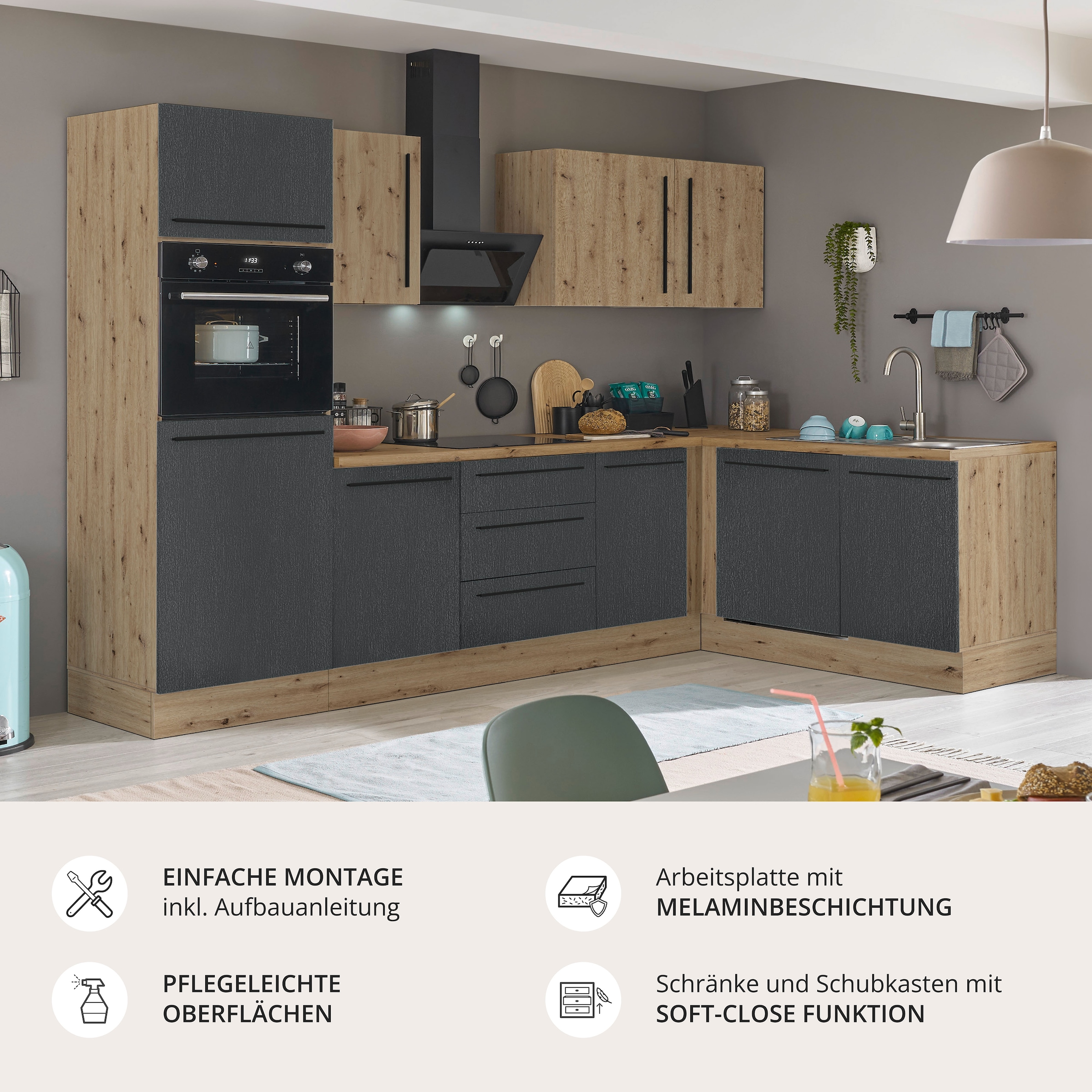 KOCHSTATION Winkelküche »Florida, Stellbreite 280x165 cm« wahlweise mit E-Geräten, mit Softclose für Türen und Schubkästen