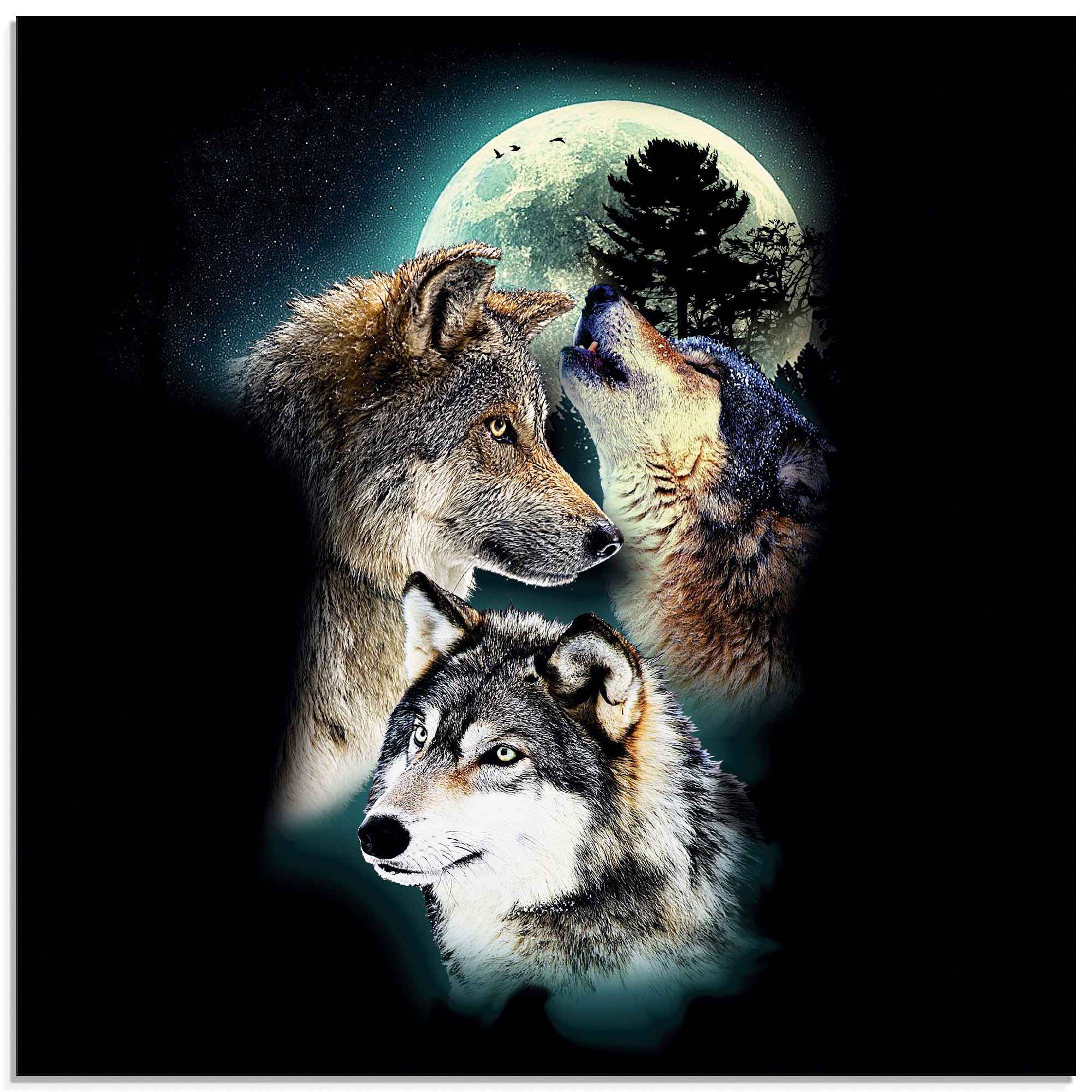 Artland Glasbild »Phantasie Wolf Wölfe mit Mond«, Wildtiere, (1 St.), in verschiedenen Größen