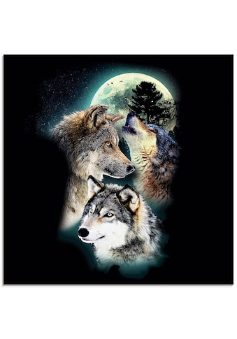 Glasbild »Phantasie Wolf Wölfe mit Mond«, Wildtiere, (1 St.)