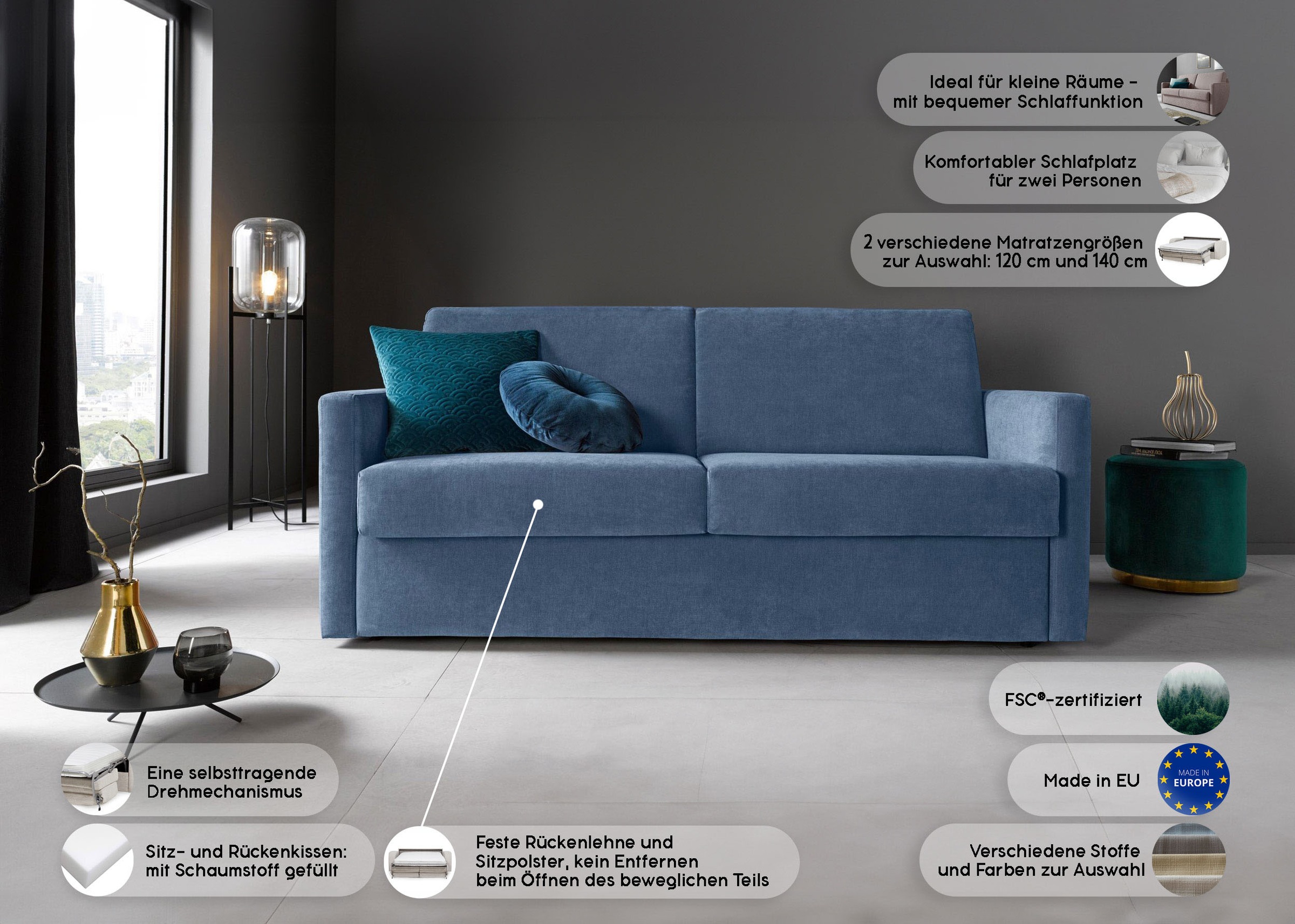 Places of Style Schlafsofa »GOLDPOINT 182cm, Dauerschläfer, Liegefläche 140/200 cm,«, 3-Sitzer mit Dauerschläfer-Funktion, Bonell-Federkernmatratze