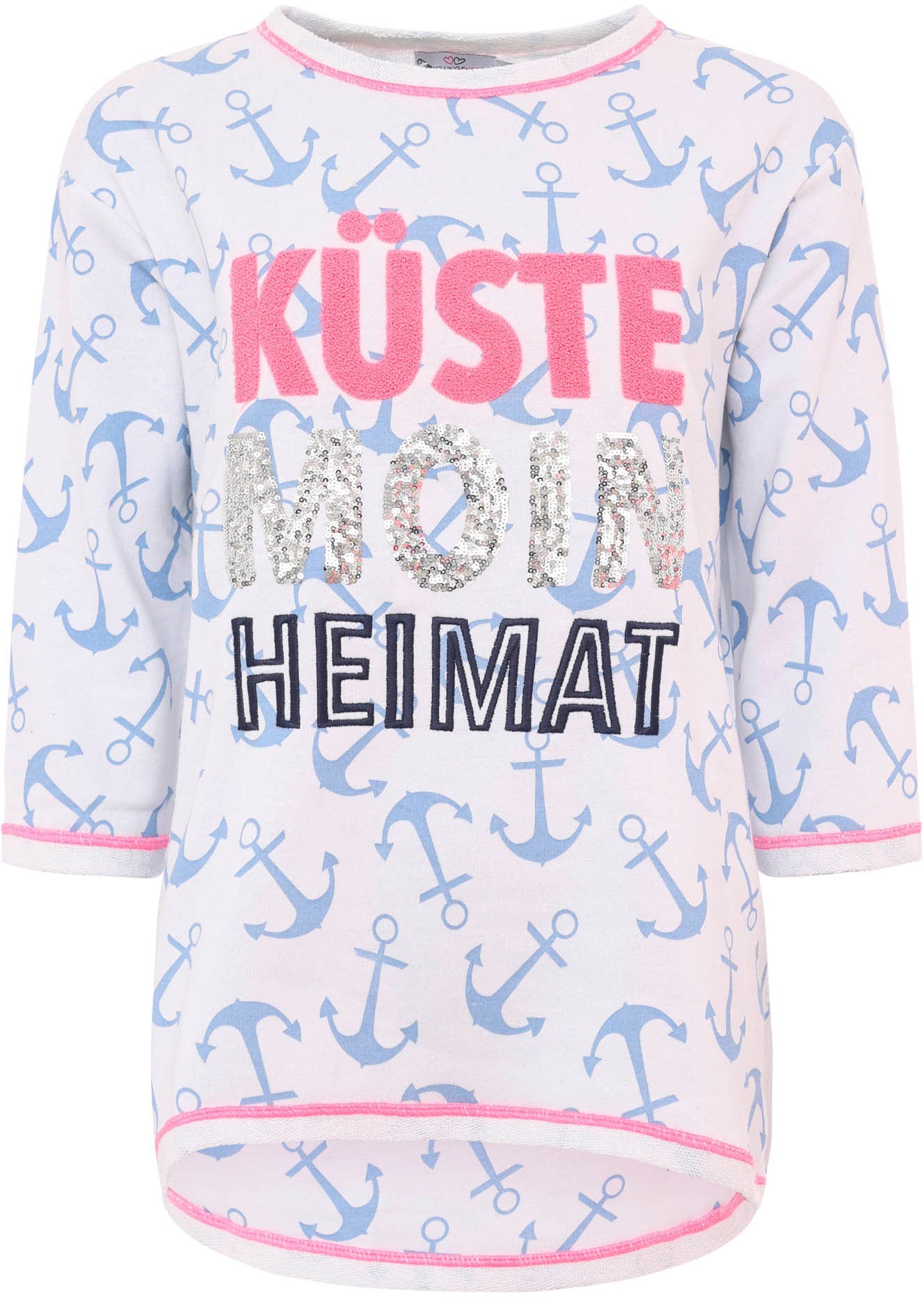 Zwillingsherz Longsleeve »"Küste Moin Heimat"«, Zebra-Muster, 3/4-Arm, Pailletten, Schriftzüge, Kontrastnaht