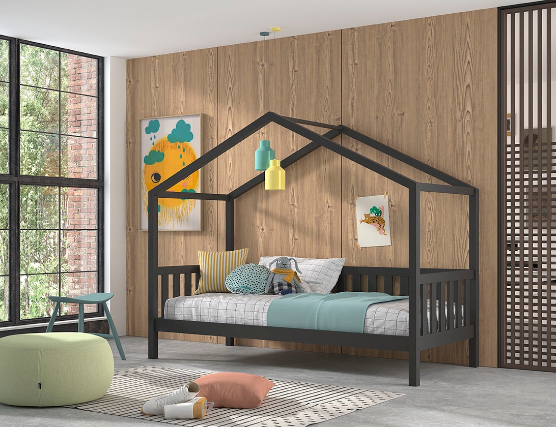 Vipack Hausbett »Dallas, mit Dachaufbau, Kiefer massiv, stabil gebaut«, (B/H/T ca. 210x170x97cm, mit Sprossenumrandung), wahlweise mit oder ohne Bettschublade