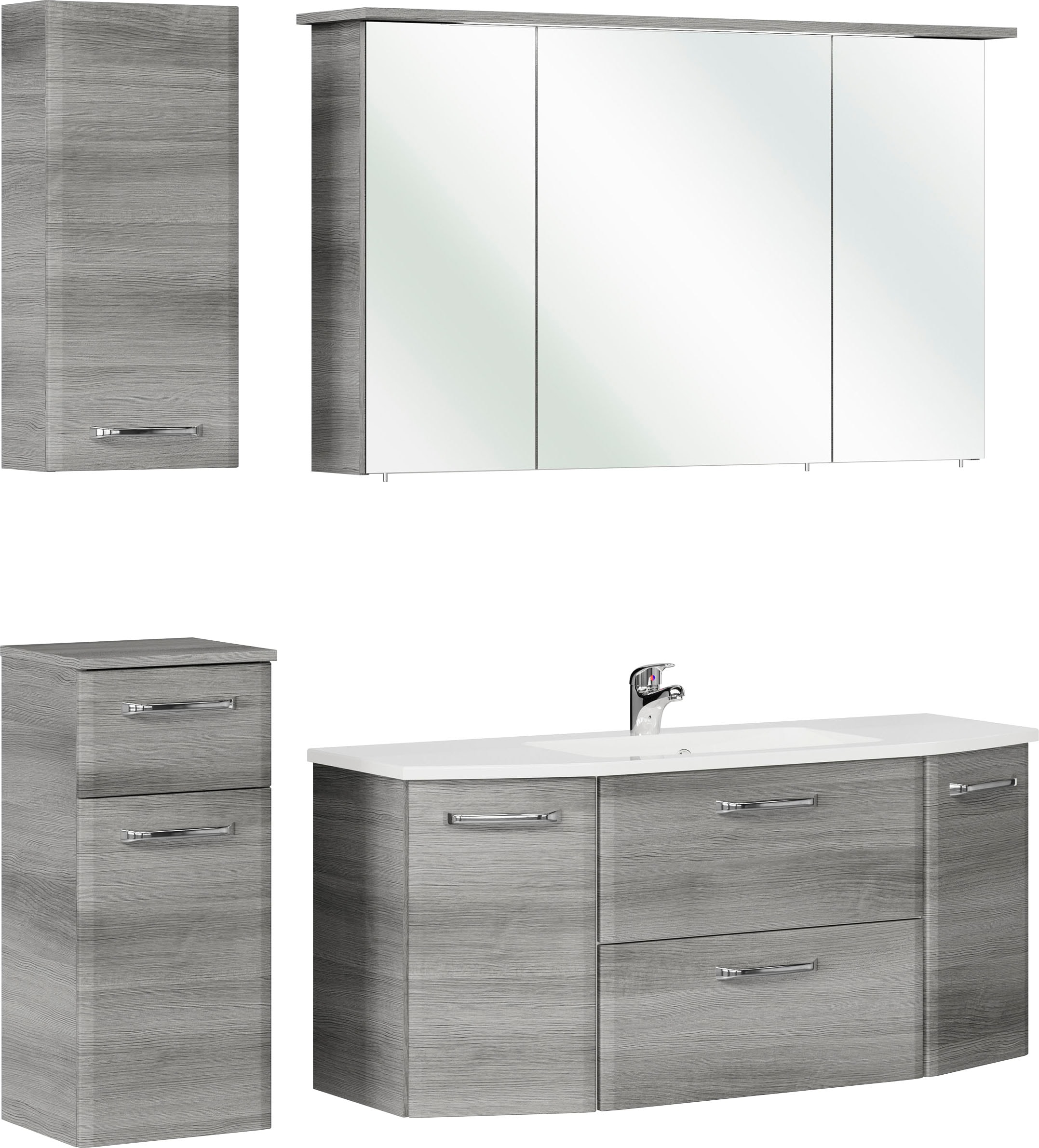 Saphir Badmöbel-Set »Quickset 4-teilig, Mineralmarmor-Waschtisch und LED-Spiegelschrank«, (5 St.), Unterschrank, Hängeschrank, inkl. Türdämpfer, 7 Türen, 1 Klappe