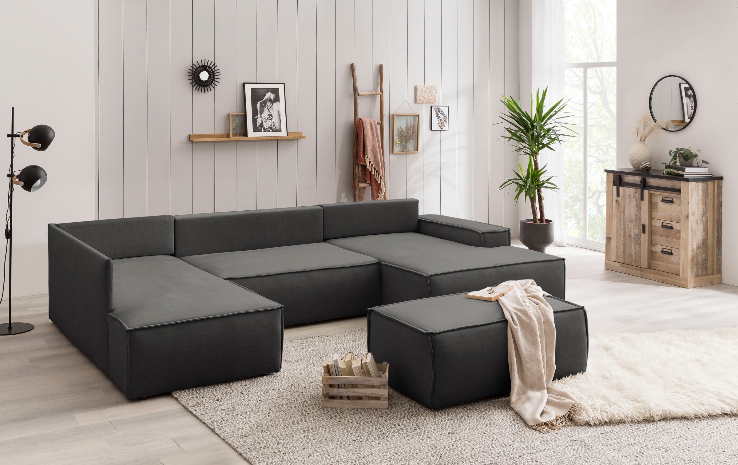 Home affaire Wohnlandschaft »SHERWOOD 329 cm, U-Form, Schlafsofa,«, Schlaffunktion m. Bettkasten (194x139 cm), Cord, Vintage, Samtvelours