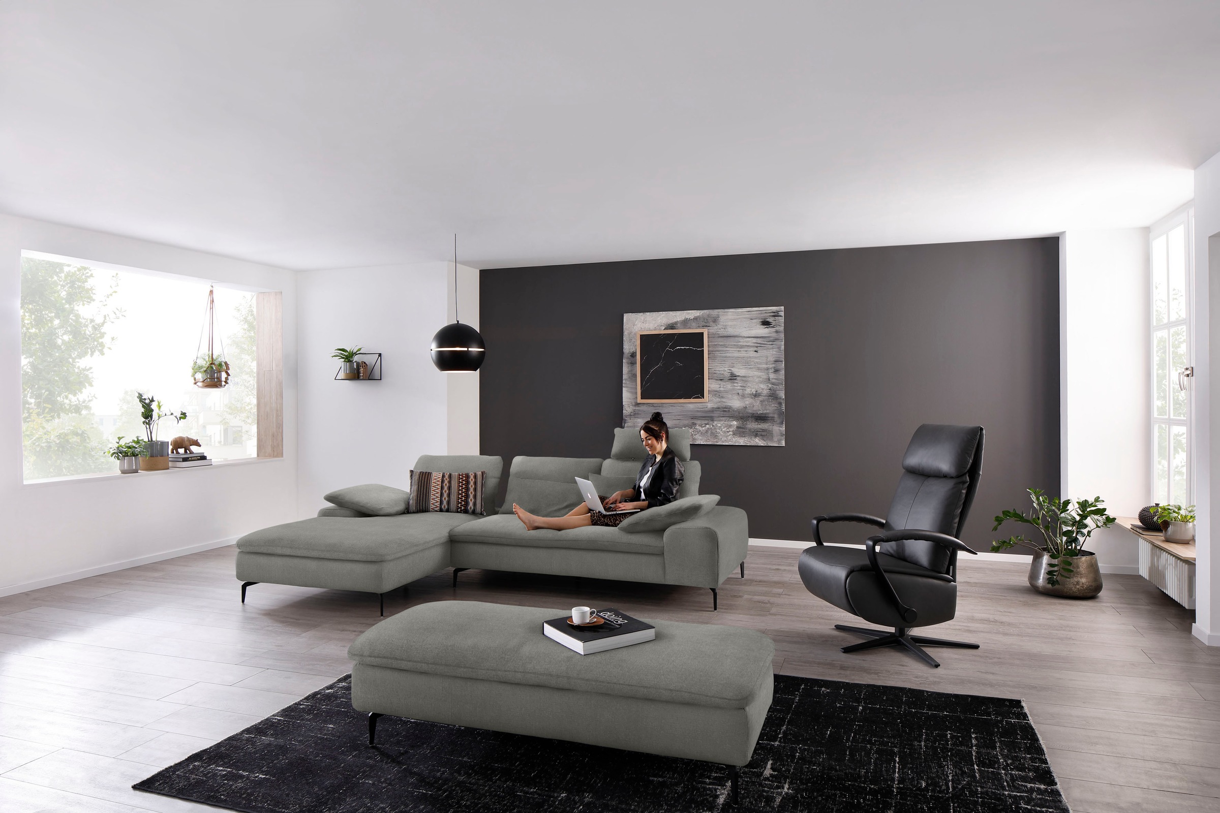 W.SCHILLIG Ecksofa »valentinoo, Designsofa, bequem, elegant und zeitlos, L-Form«, (Set), inklusive Hocker, mit Sitztiefenverstellung, Breite 299 cm