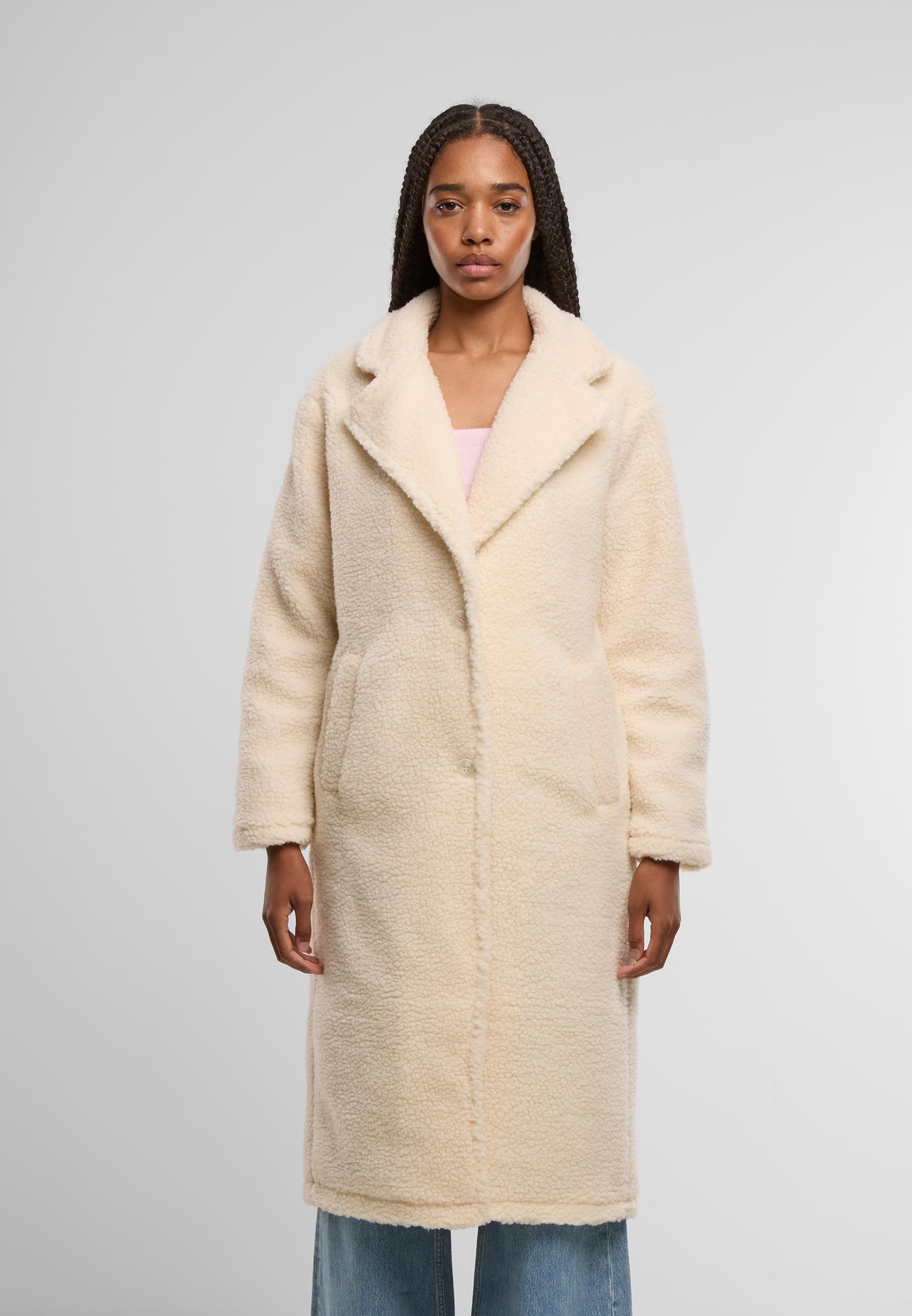 URBAN CLASSICS Winterjacke »Urban Classics Ladies Teddy Long Coat« 1 Stk. tlg. ohne Kapuze