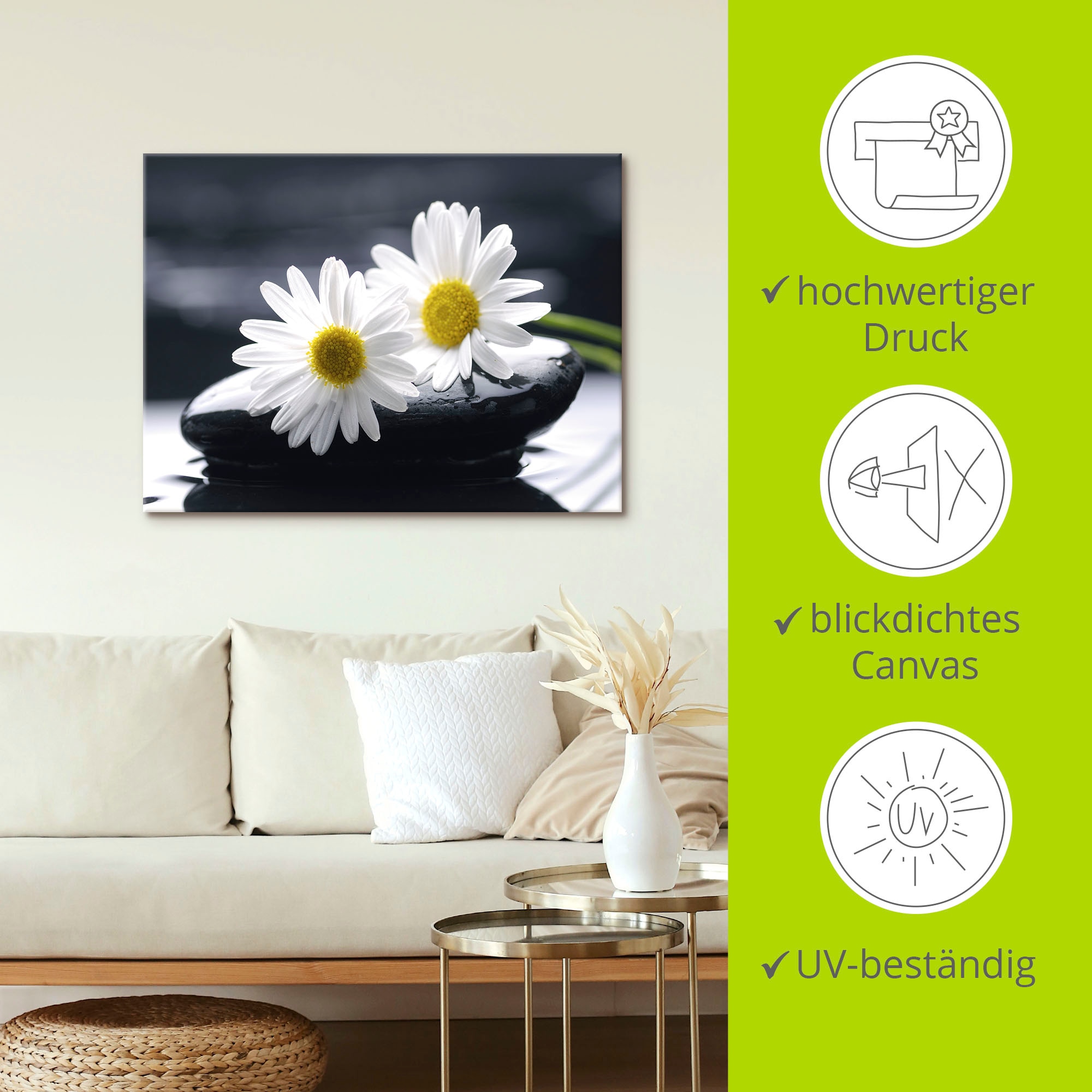 Artland Leinwandbild »Zwei Gerbera auf einem Zenstein« Blumen 1 Stk. tlg. auf Holzrahmen gespannt