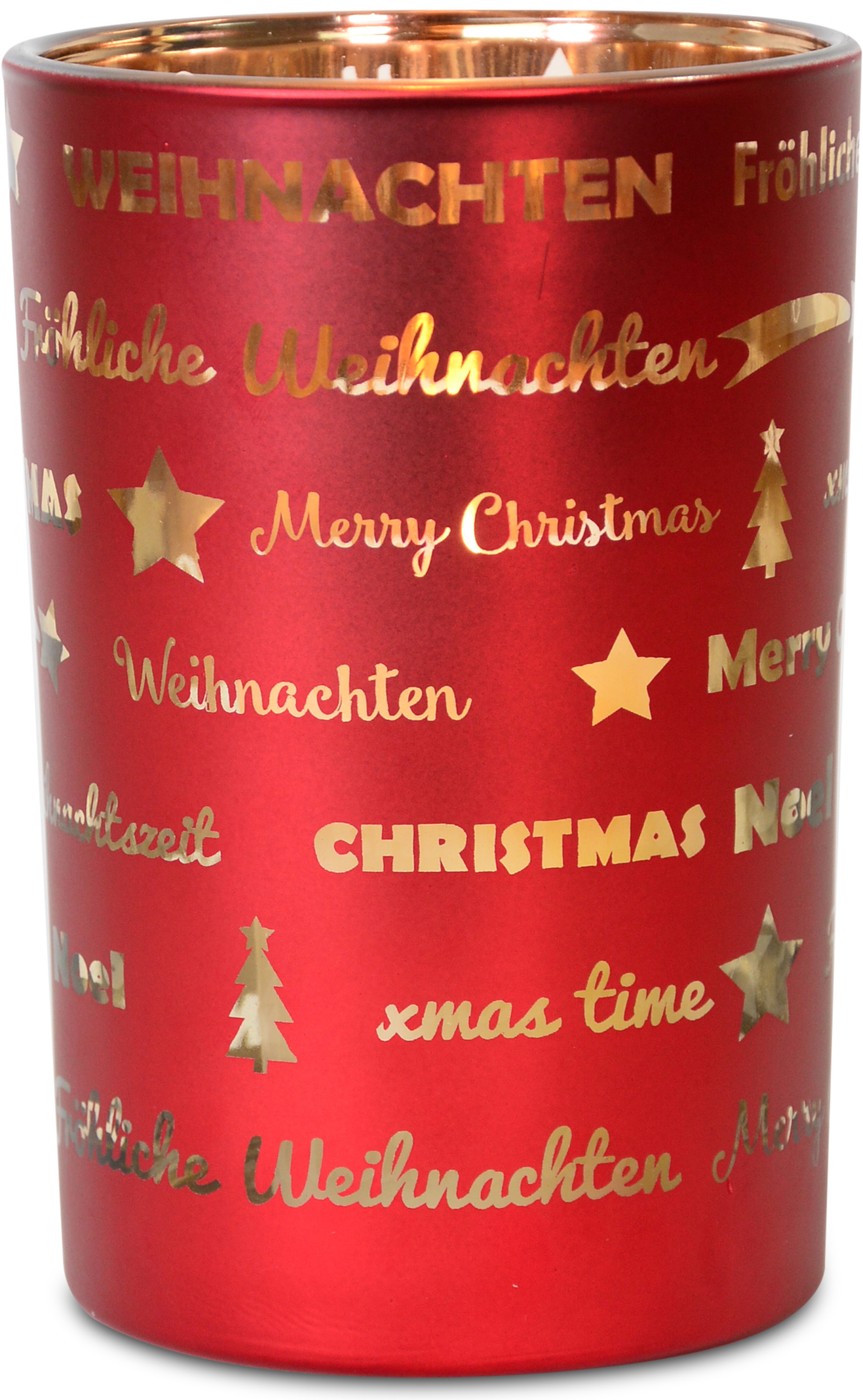 18 Weihnachtsdeko«, mit »Fröhliche besonderem RIFFELMACHER bei Schriftzug. Teelichthalter Glas, aus & Höhe cm, WEINBERGER online Windlicht Weihnachten,