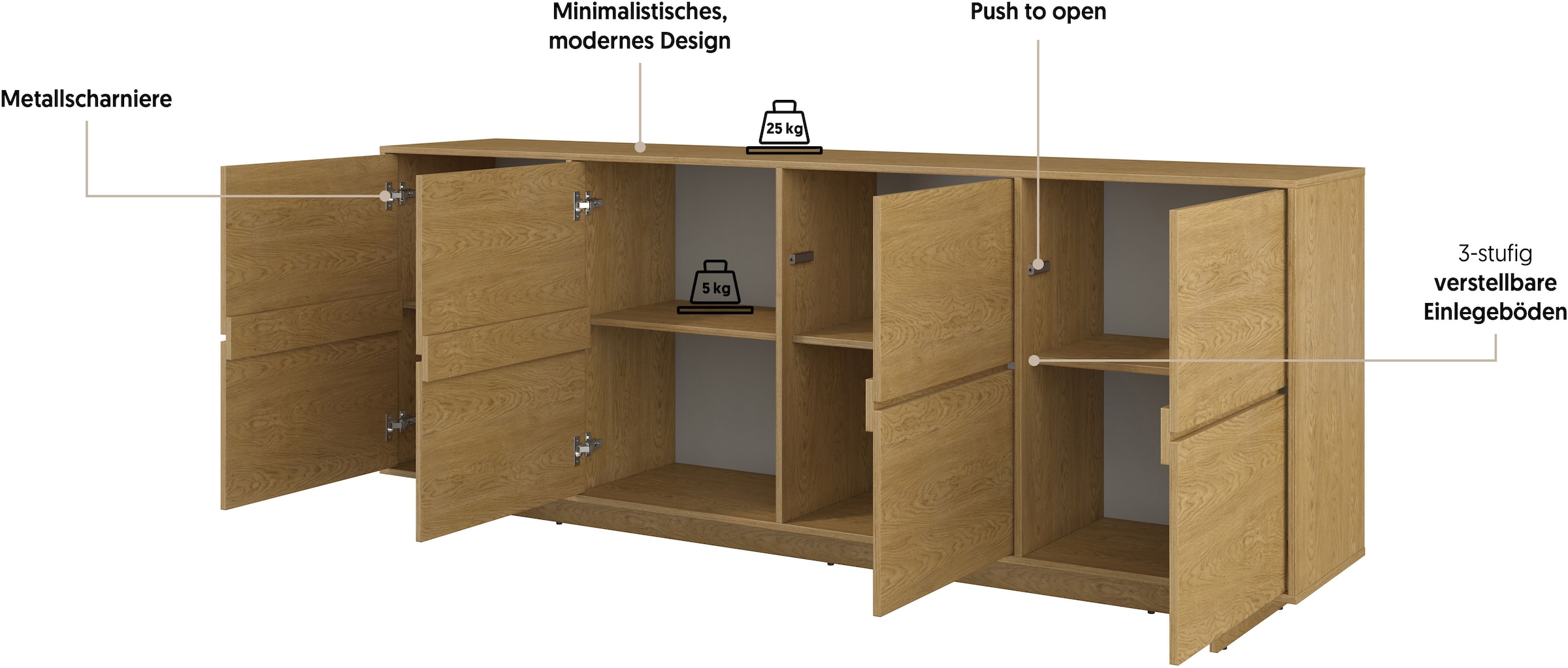 OTTO home Sideboard »Tatami, Stilvolle, moderne grifflose Kommode 4 Türen, Breite 220cm« Anrichte mit viel Stauraum, Böden verstellbar, push-to-open-Funktion
