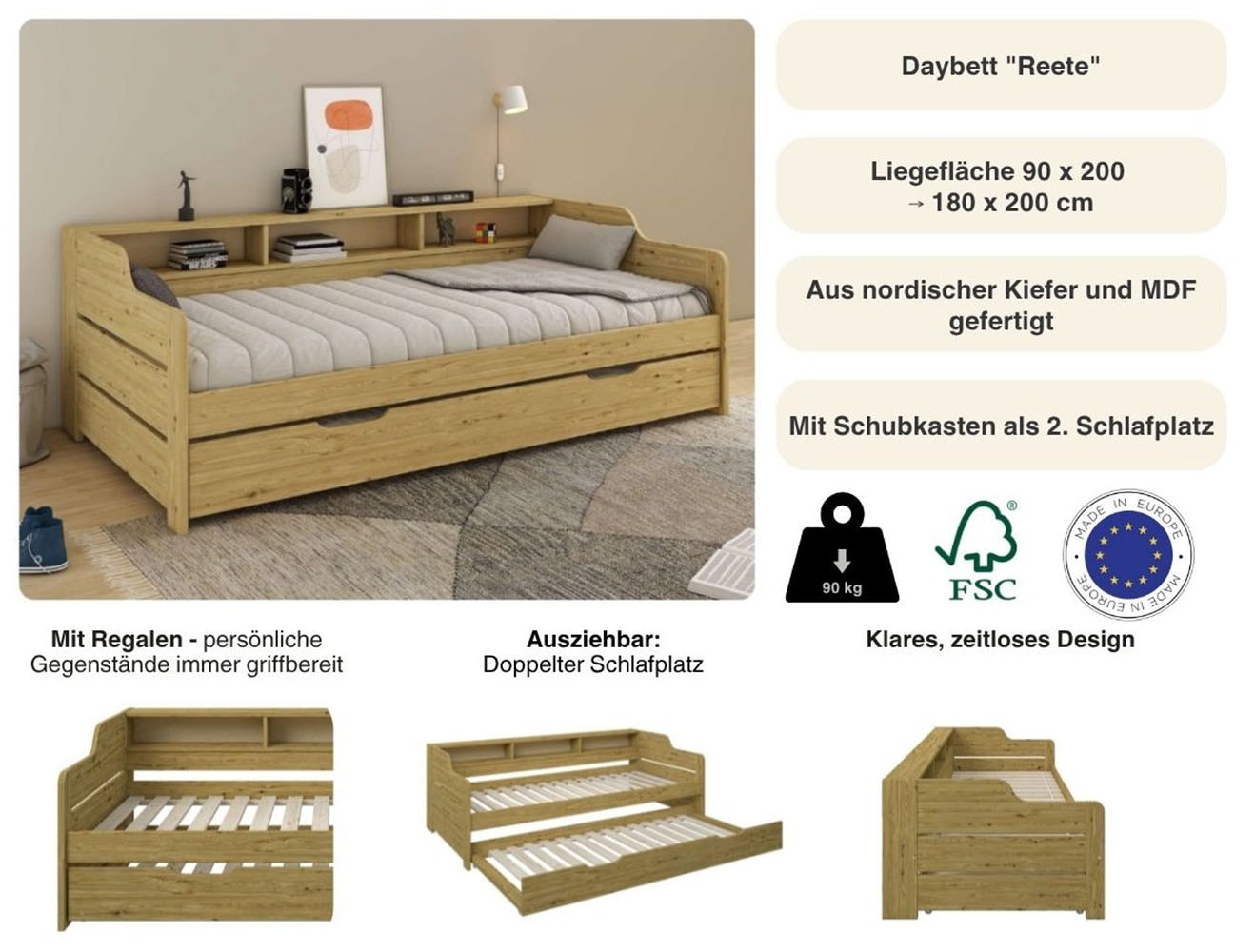 OTTO home Daybett »"REETE1", Stauraum, Funktionsbett, Kinderbett, inklusive Schubkasten« 90x200cm, 2 Schlafplätze,  mit Regalen, FSC® zertifiziertes Massivholz (Kiefer), Landhausstil