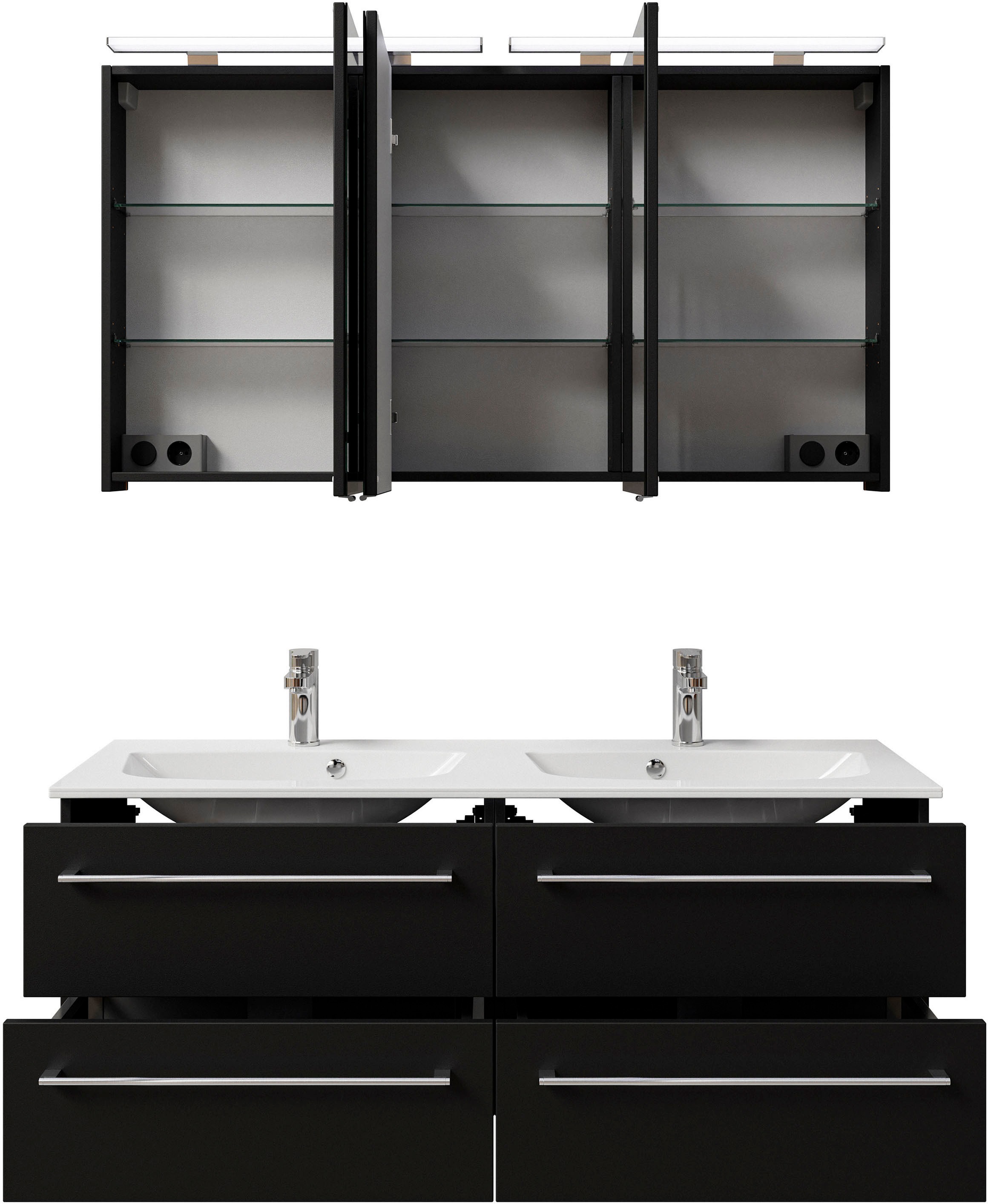 Saphir Badmöbel-Set »Serie 6025 2-teilig Mineralmarmor-Waschtisch mit LED-Spiegelschrank«, (2 St.), Waschplatz 132cm breit, 4 Schubladen, 2 Spiegel-Türen, inkl Türdämpfer