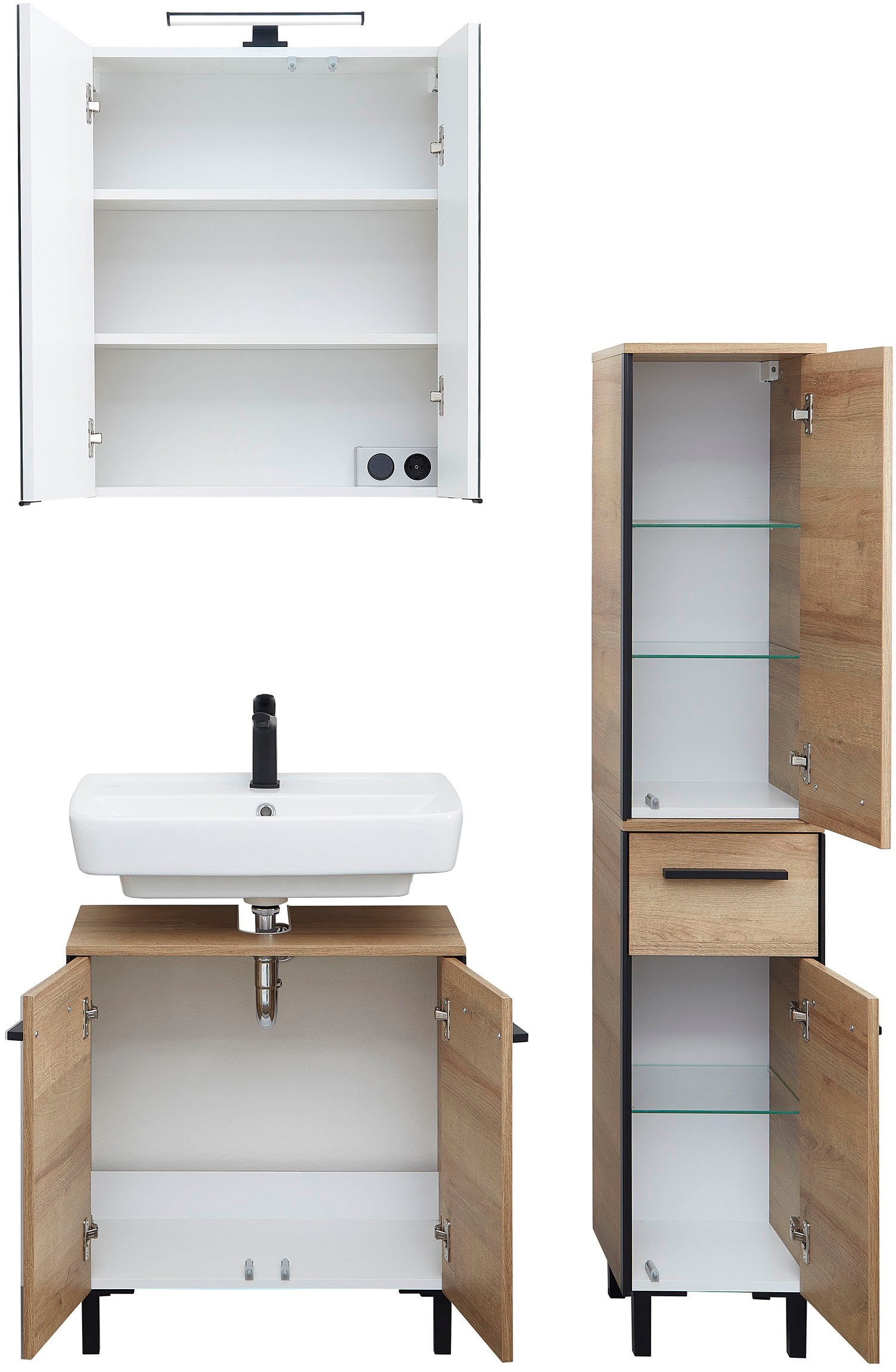 Saphir Badmöbel-Set »Quickset 395 3-teilig, Waschbeckenunterschrank mit LED-Spiegelschrank«, (4 St.), Midischrank, inkl. Türdämpfer, 6 Türen, 1 Schublade, Bad-Set