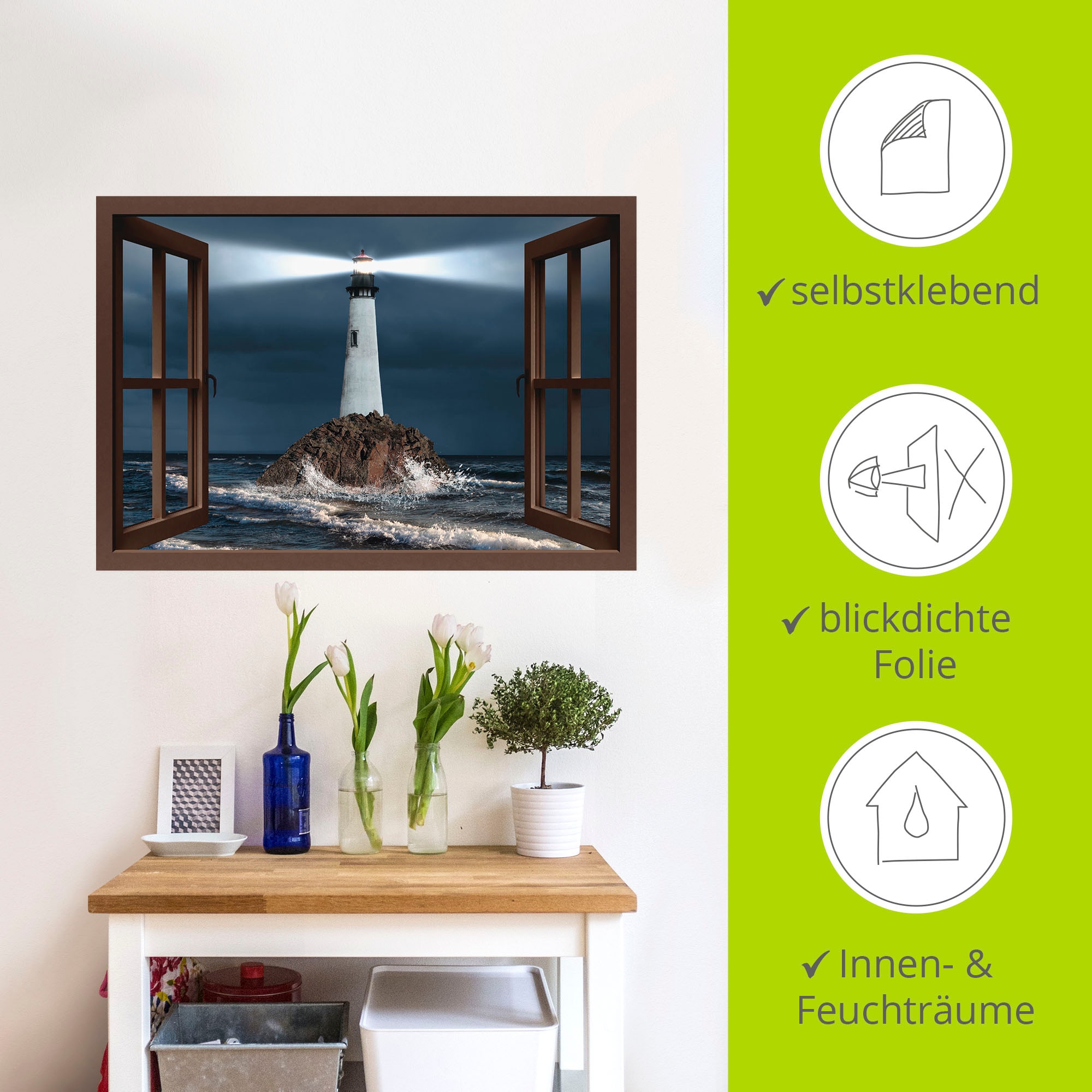 Artland Wandbild »Fensterblick Leuchtturm mit Lichtstrahl«, Gebäude, (1 St.), als Leinwandbild, Wandaufkleber in verschied. Größen