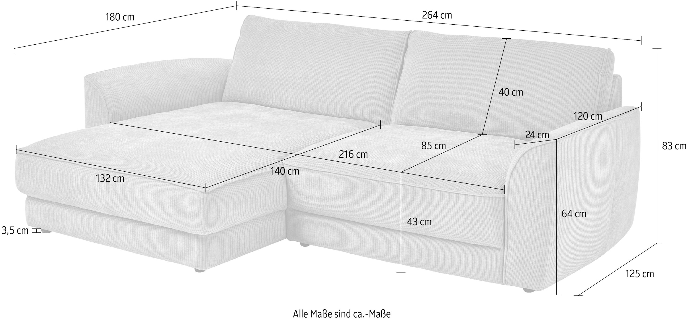 Die PlanBar Ecksofa »ZE-EM24138, L-Form, B: 264 cm« SoftSitz-Kaltschaumpolsterung, wahlweise mit Sitztiefenverstellung