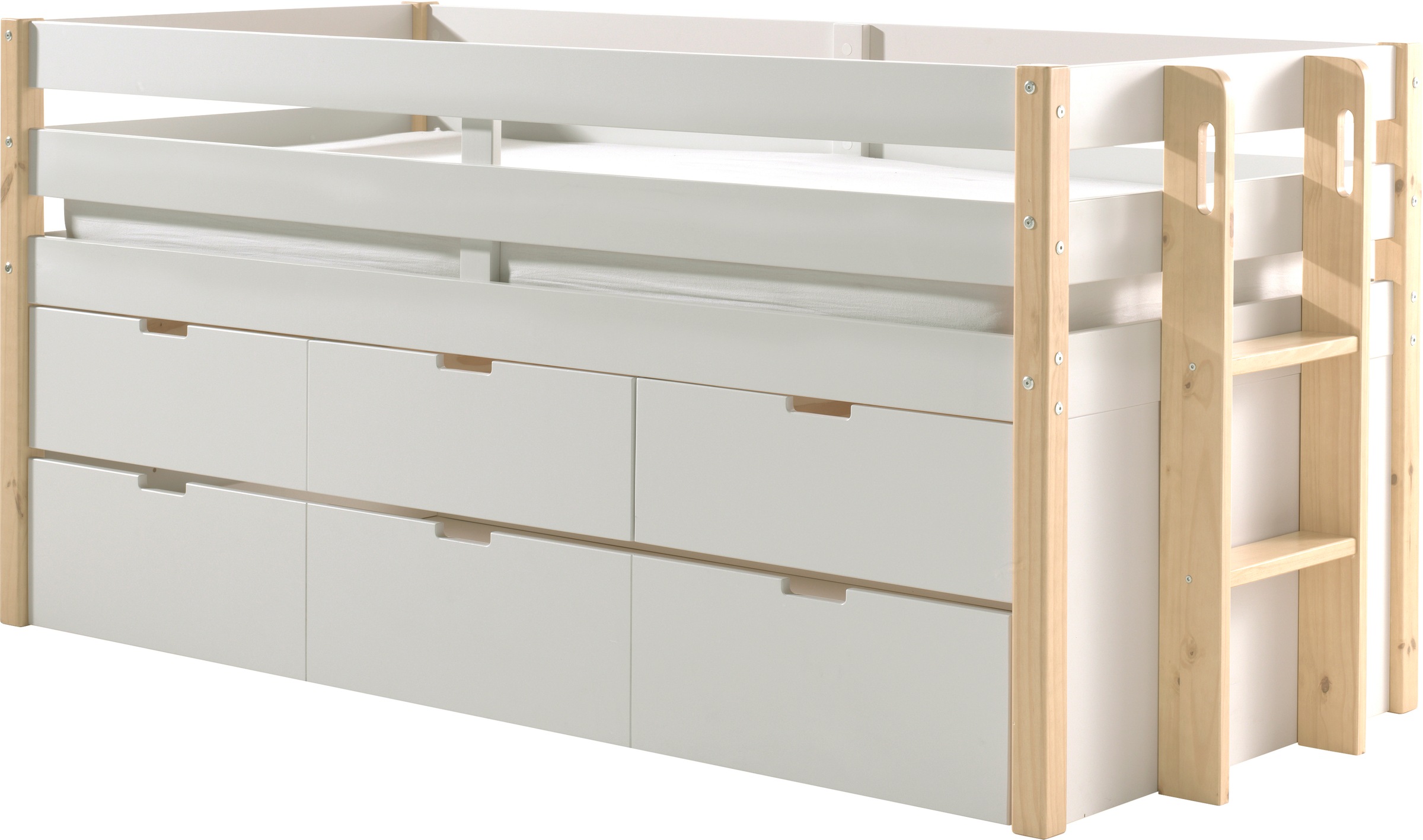 Vipack Hochbett »Magrit, mit 3 geräumingen Schubladen, viel Stauraum, moderne Optik«, (B/H/T ca. 219,4x100x97,8cm, MDF weiß lackiert, Kiefer natur), wahlweise mit oder ohne Bettschublade als zusätzlichen Stauraum